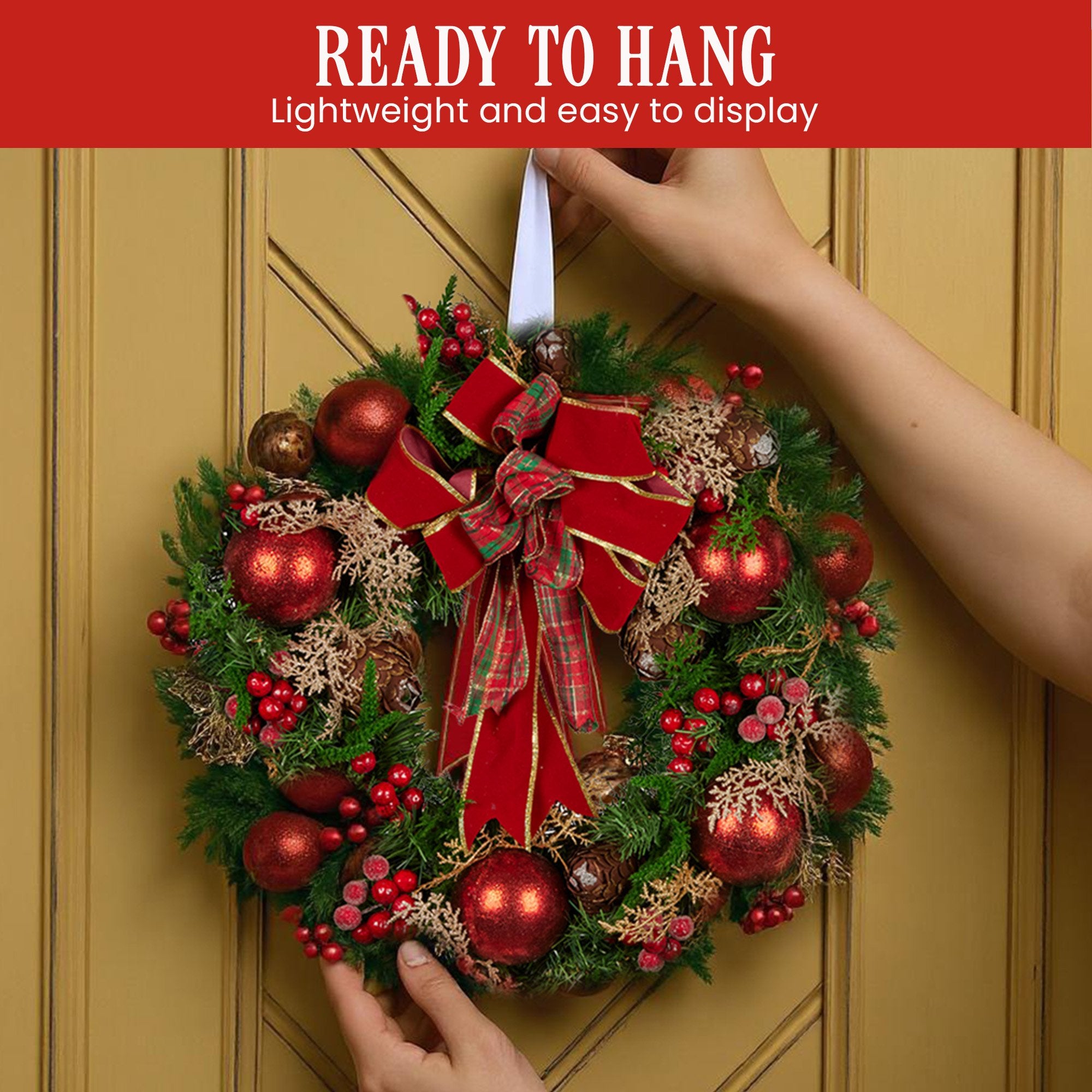 Christmas Wreaths & Garlands: Christabelle 56cm Christmas Wreath Lush Green Holiday Door Wreath with Red Berries, Baubles & Pine Cones Pre-Decorated Festive Wall or Front Door Decoration