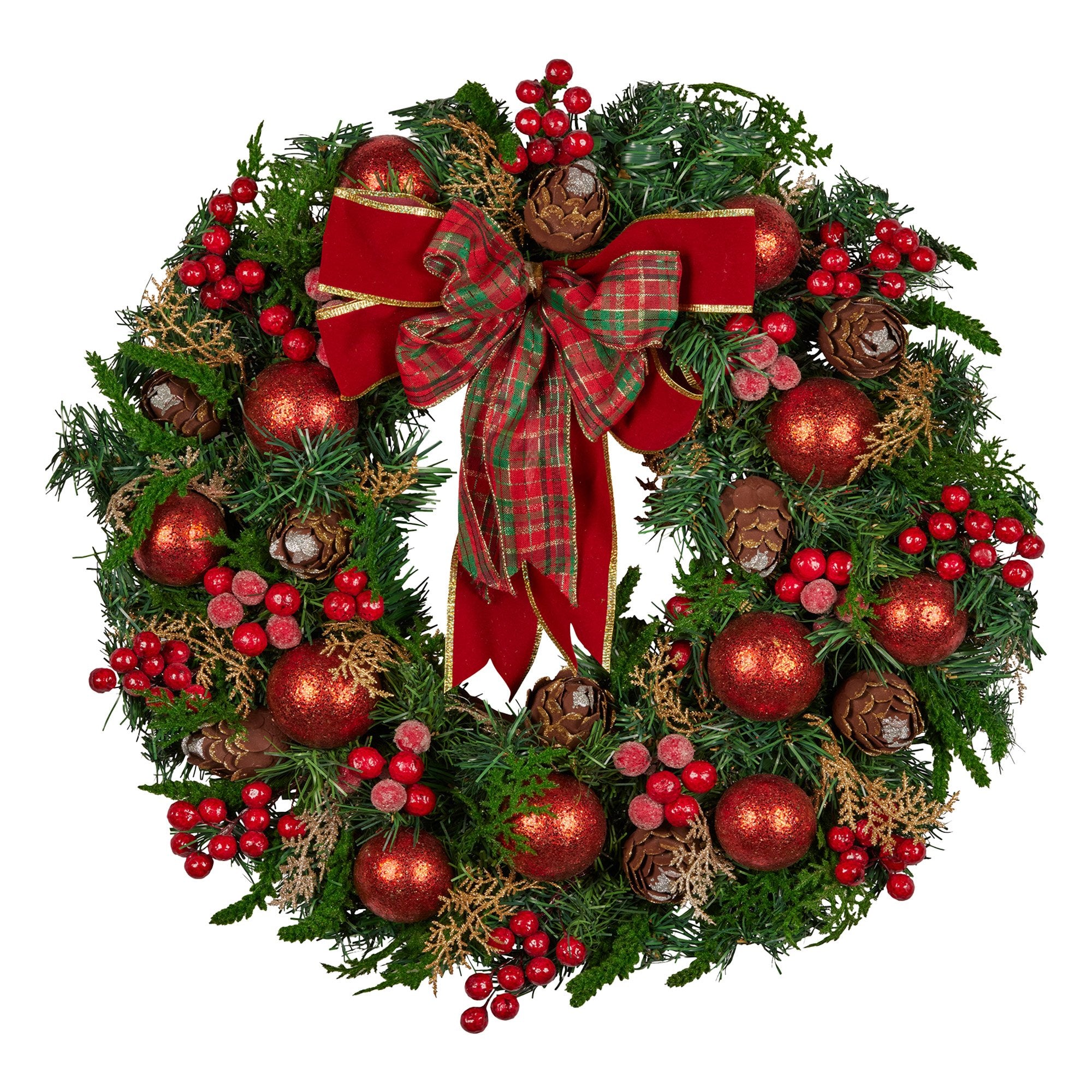 Christmas Wreaths & Garlands: Christabelle Stunning 71cm Christmas Wreath Lush Red Baubles Berries Pine Cones and Bow Front Door Decoration
