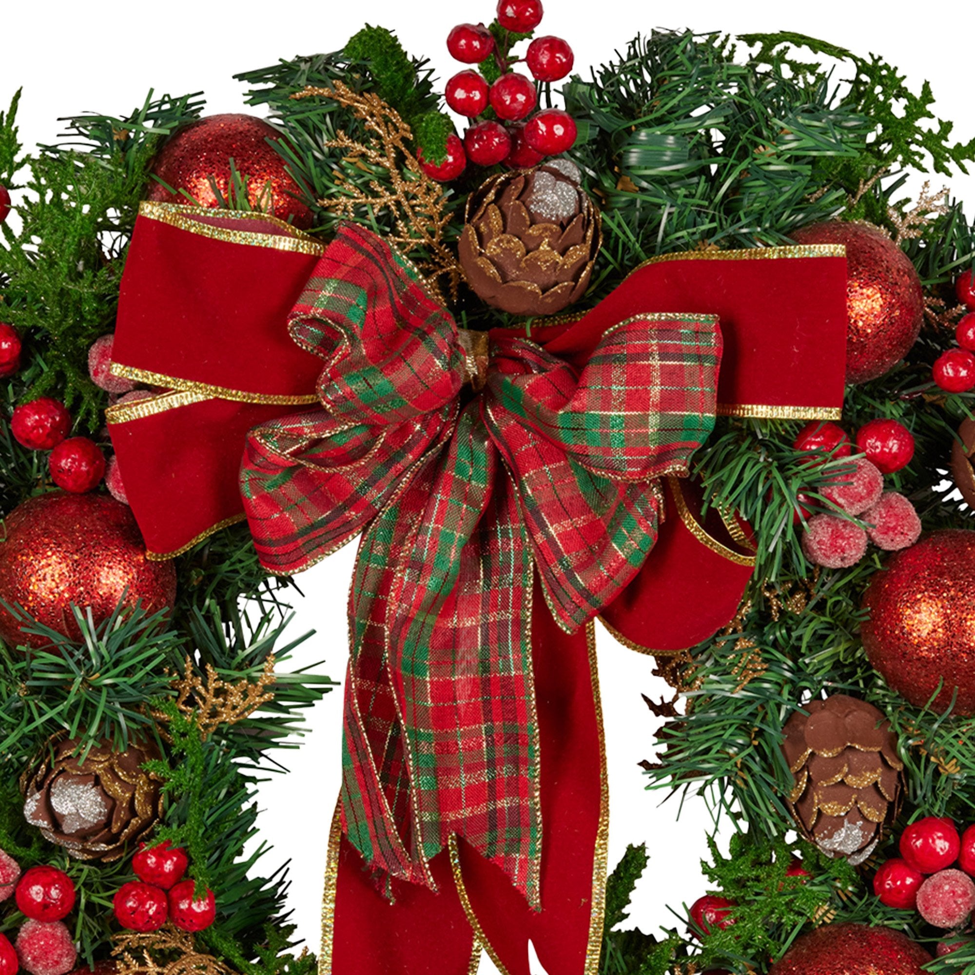 Christmas Wreaths & Garlands: Christabelle Stunning 71cm Christmas Wreath Lush Red Baubles Berries Pine Cones and Bow Front Door Decoration