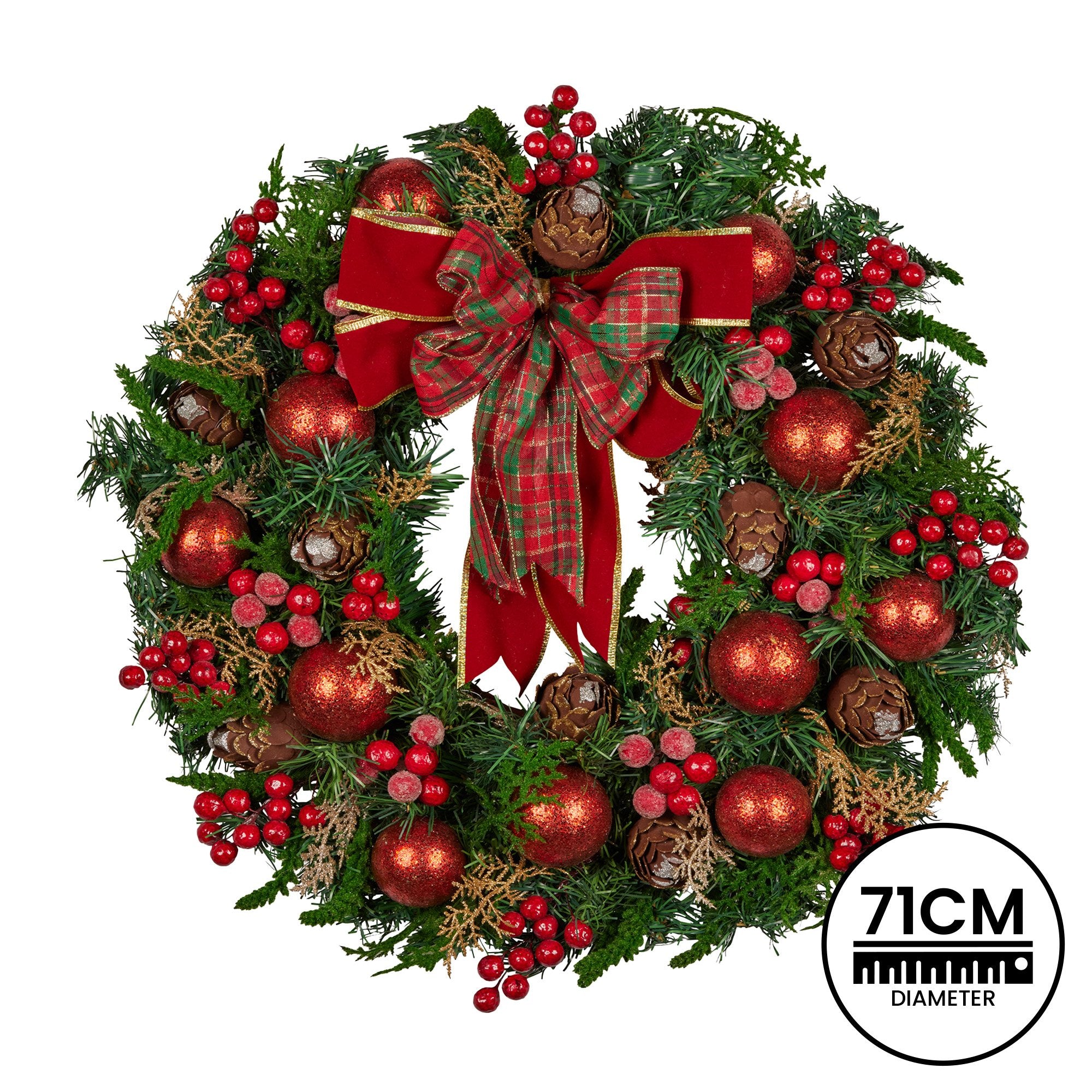 Christmas Wreaths & Garlands: Christabelle Stunning 71cm Christmas Wreath Lush Red Baubles Berries Pine Cones and Bow Front Door Decoration