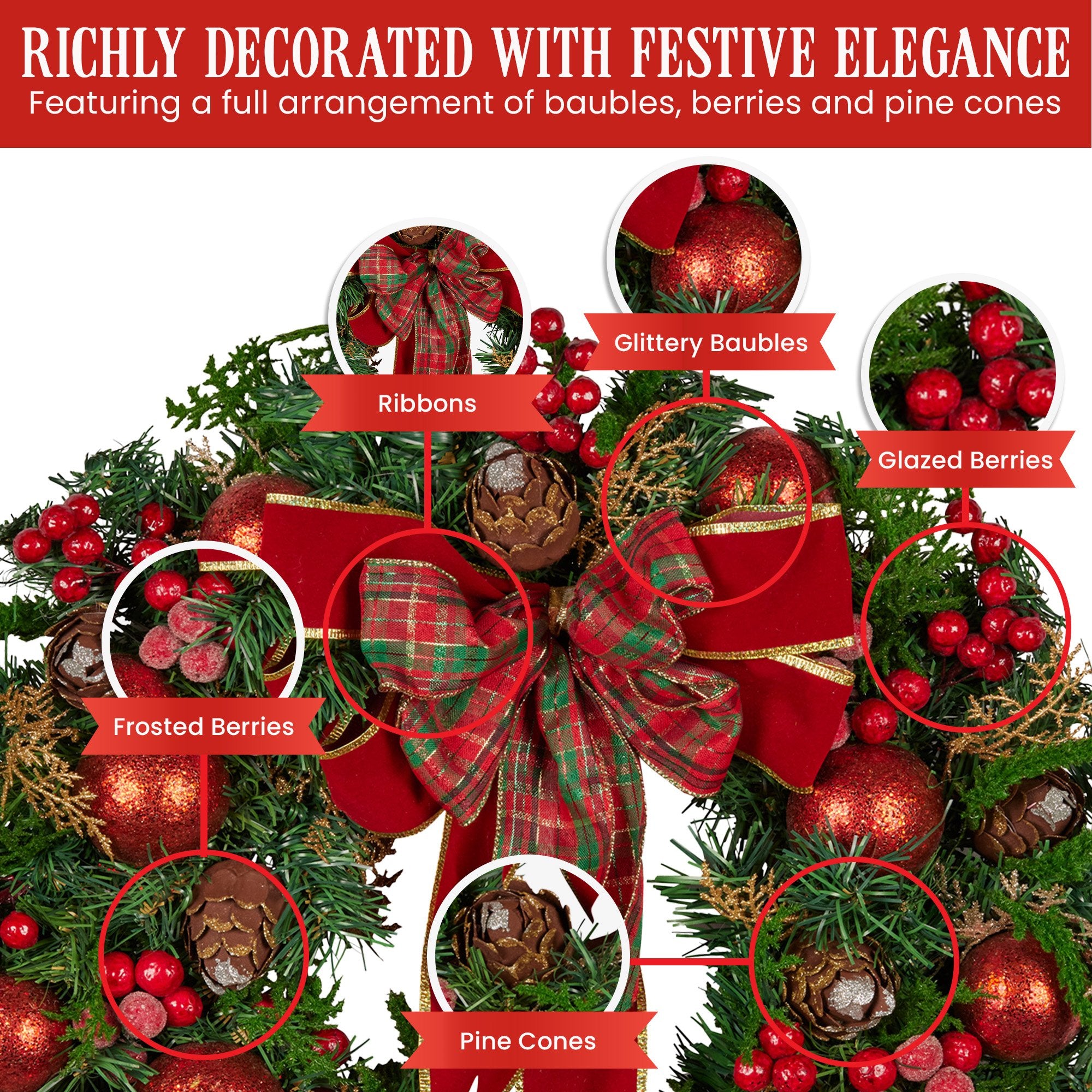Christmas Wreaths & Garlands: Christabelle Stunning 71cm Christmas Wreath Lush Red Baubles Berries Pine Cones and Bow Front Door Decoration