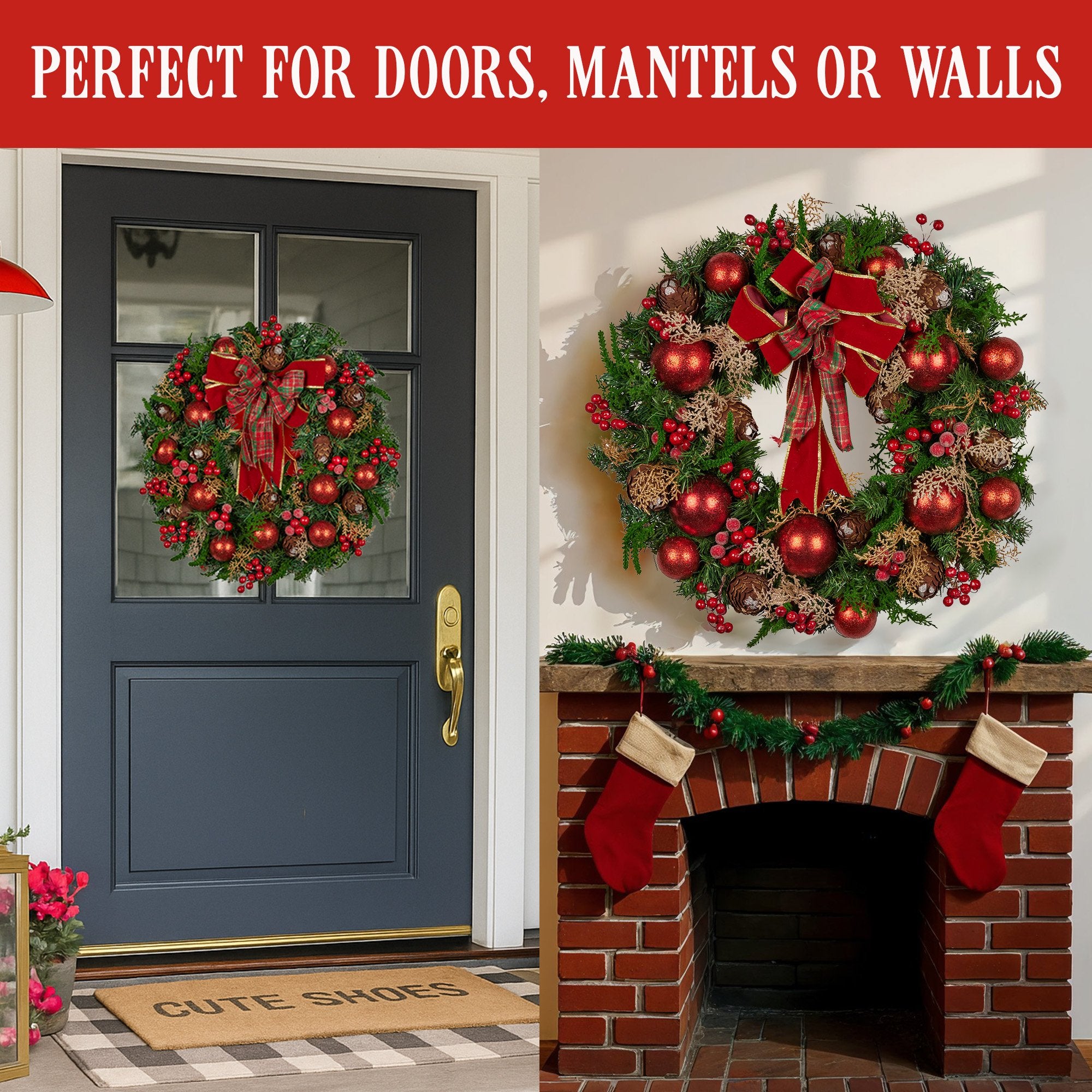 Christmas Wreaths & Garlands: Christabelle Stunning 71cm Christmas Wreath Lush Red Baubles Berries Pine Cones and Bow Front Door Decoration