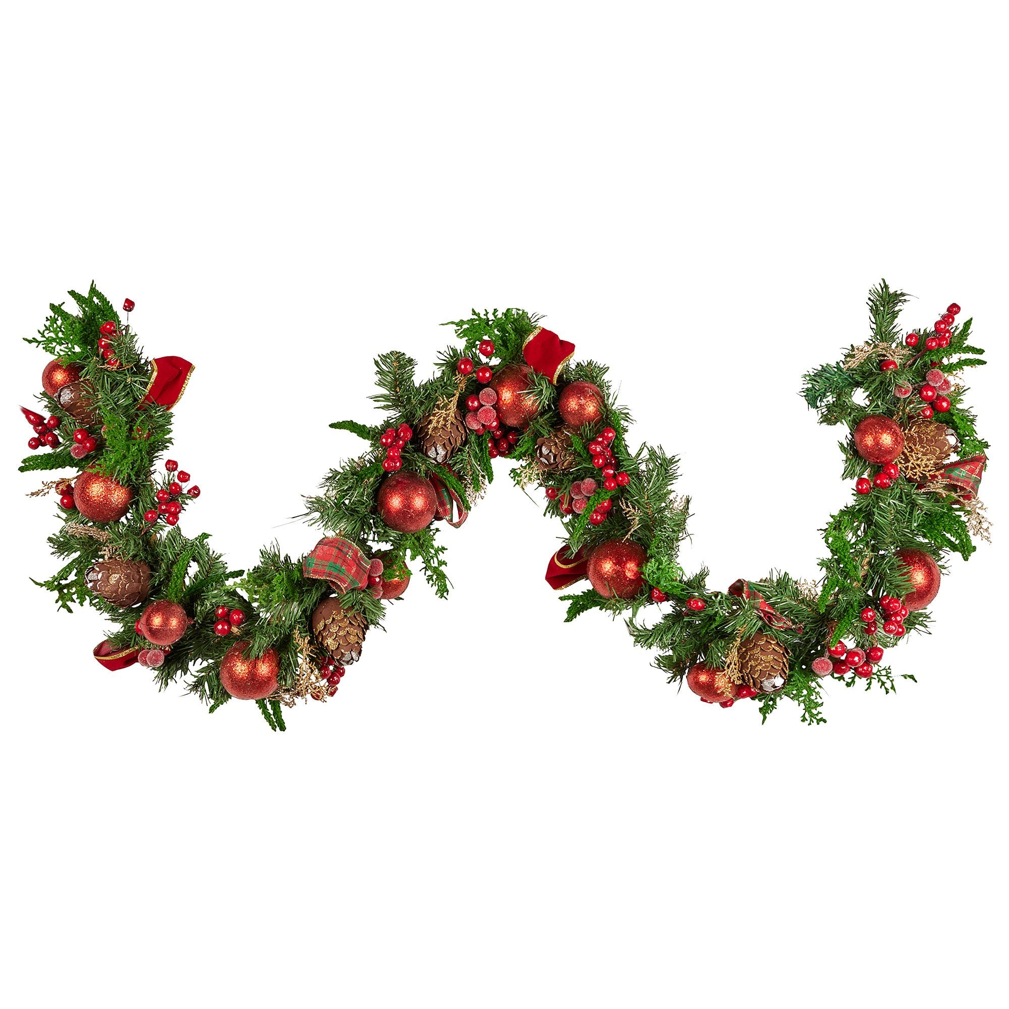 Christmas Wreaths & Garlands: Christabelle 1.85m Christmas Garland with Red Berries Pine Cones Baubles Bows Tree Decoration Ornament