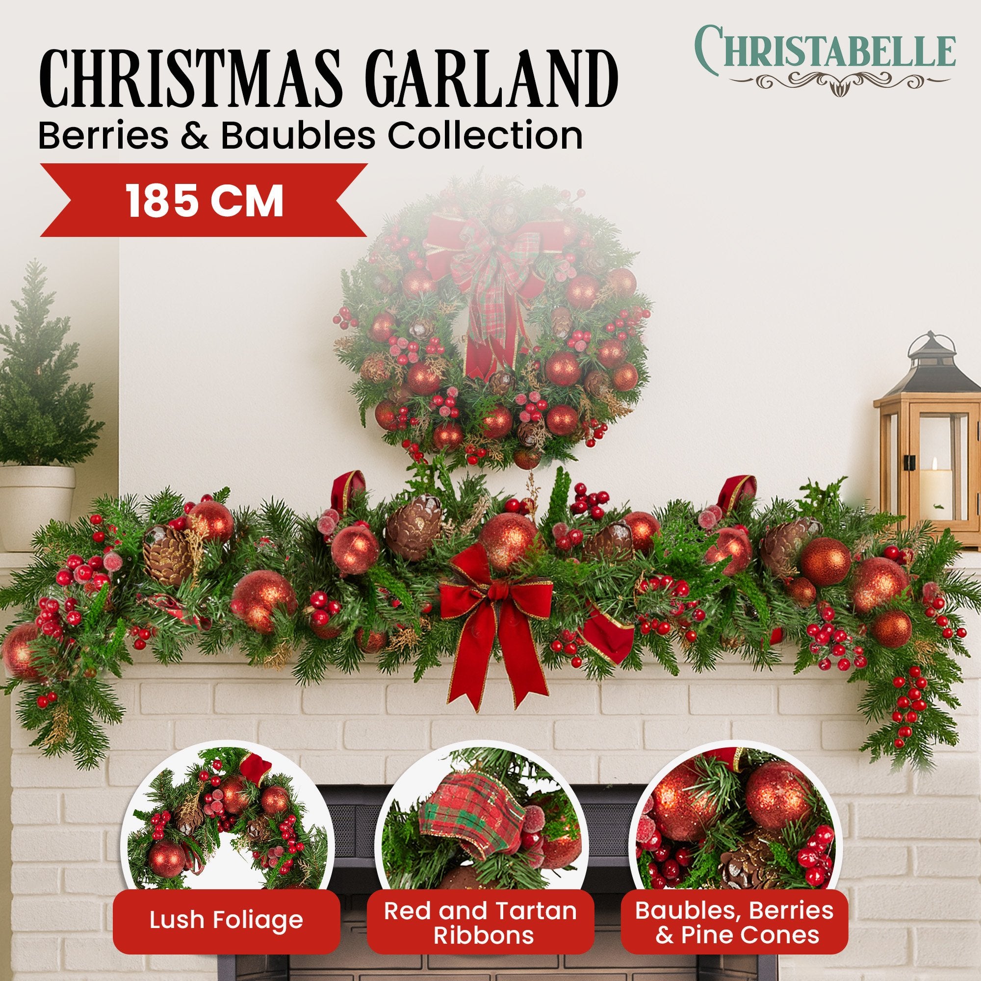 Christmas Wreaths & Garlands: Christabelle 1.85m Christmas Garland with Red Berries Pine Cones Baubles Bows Tree Decoration Ornament