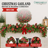 Christmas Wreaths & Garlands: Christabelle 1.85m Christmas Garland with Red Berries Pine Cones Baubles Bows Tree Decoration Ornament