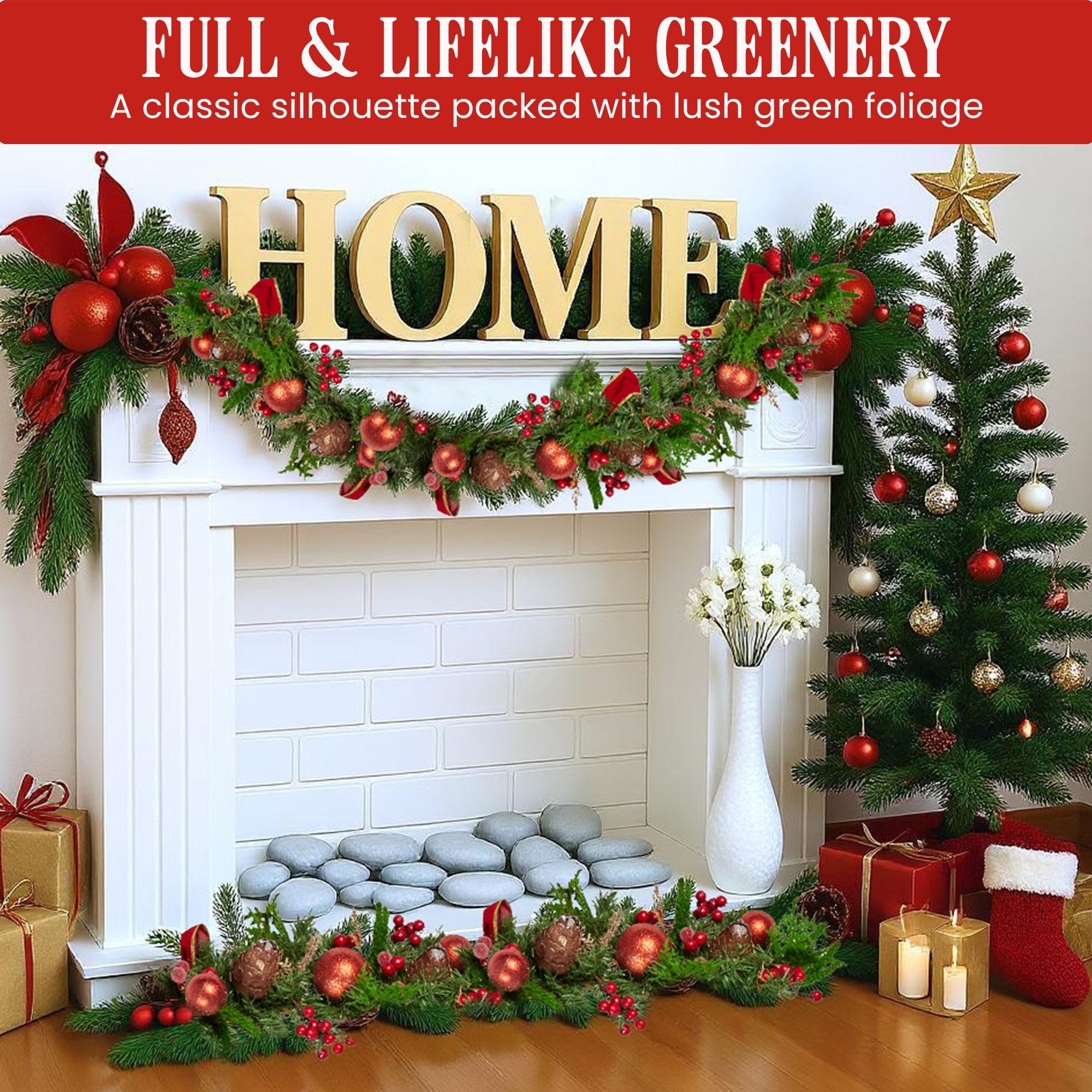 Christmas Wreaths & Garlands: Christabelle 1.85m Christmas Garland with Red Berries Pine Cones Baubles Bows Tree Decoration Ornament
