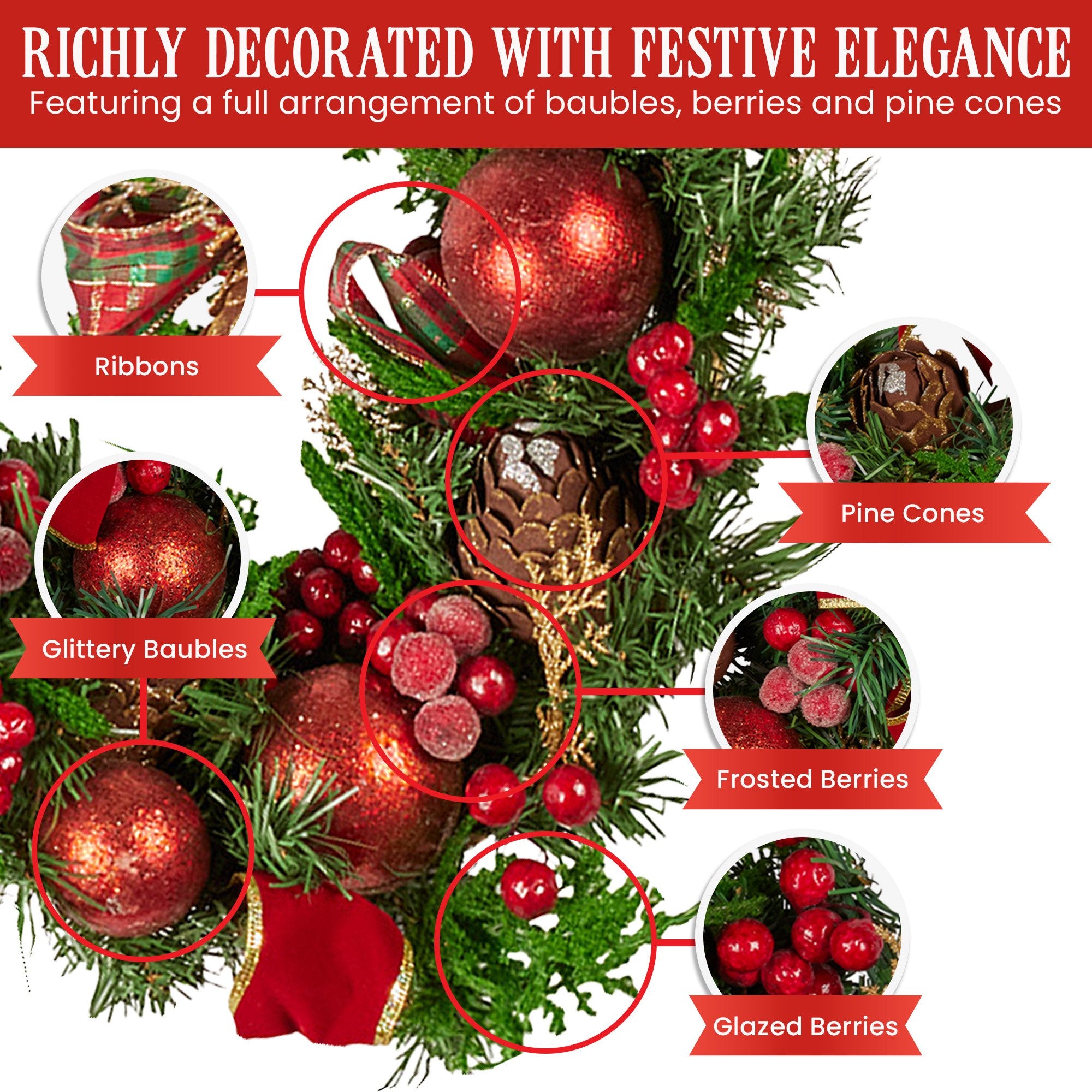 Christmas Wreaths & Garlands: Christabelle 1.85m Christmas Garland with Red Berries Pine Cones Baubles Bows Tree Decoration Ornament