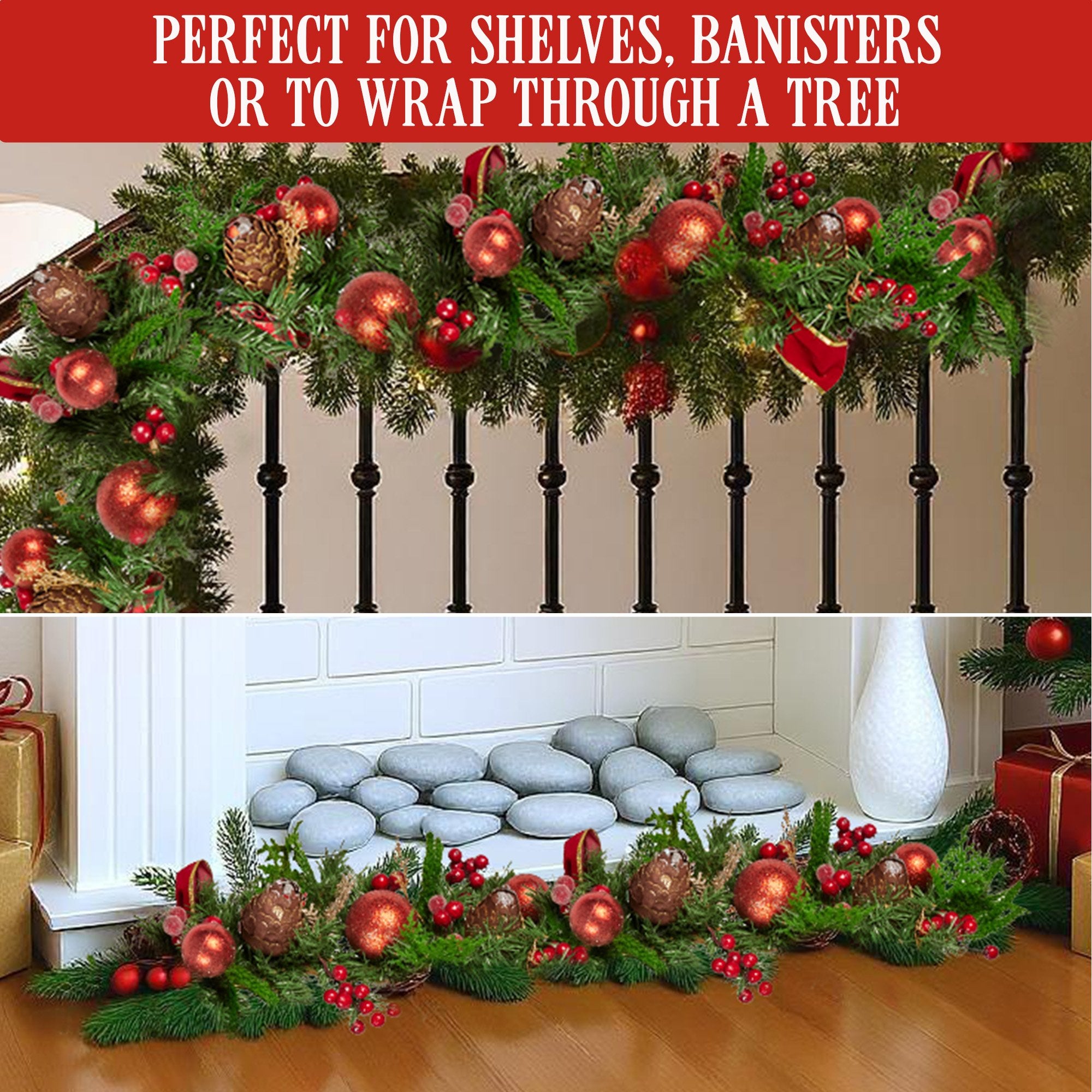 Christmas Wreaths & Garlands: Christabelle 1.85m Christmas Garland with Red Berries Pine Cones Baubles Bows Tree Decoration Ornament