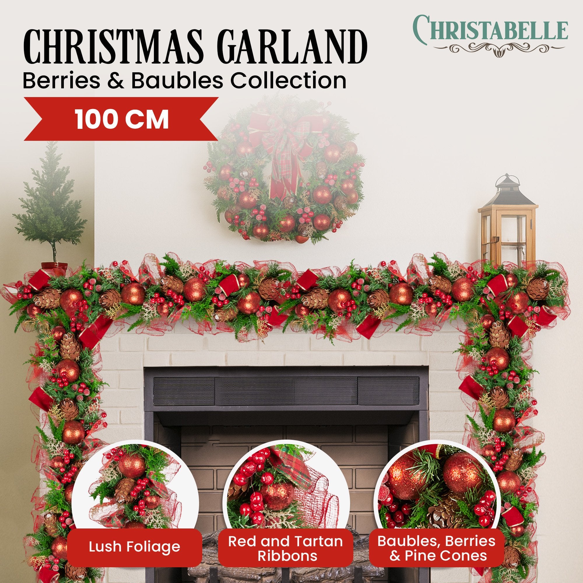 Christmas Wreaths & Garlands: Christabelle 1m Christmas Garland with Red Berries & Pine Cones Baubles Berries Tree Decoration Ornament Red Green