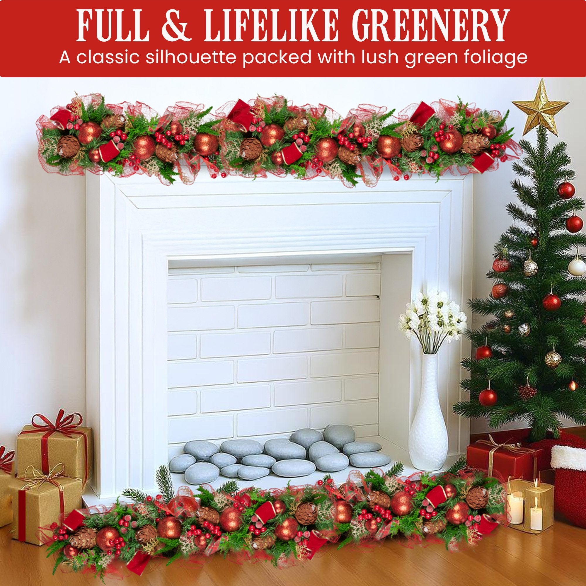Christmas Wreaths & Garlands: Christabelle 1m Christmas Garland with Red Berries & Pine Cones Baubles Berries Tree Decoration Ornament Red Green