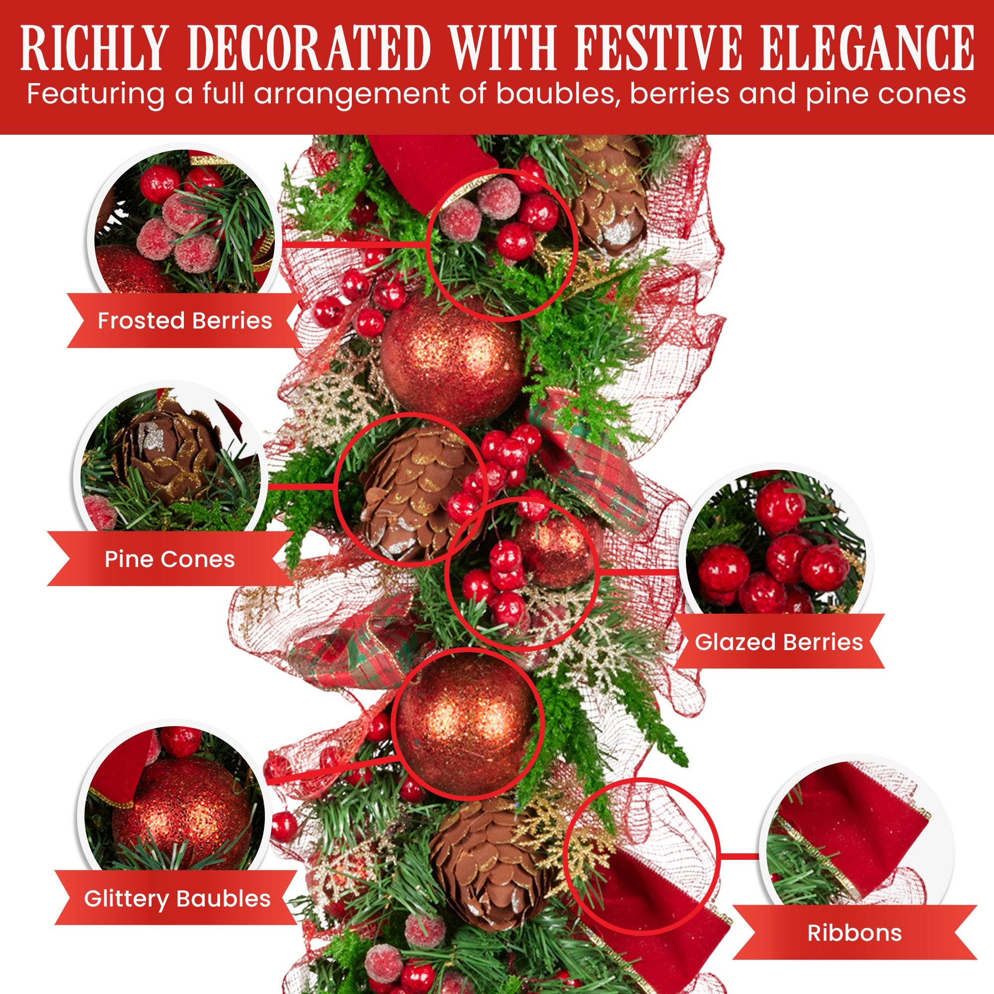 Christmas Wreaths & Garlands: Christabelle 1m Christmas Garland with Red Berries & Pine Cones Baubles Berries Tree Decoration Ornament Red Green