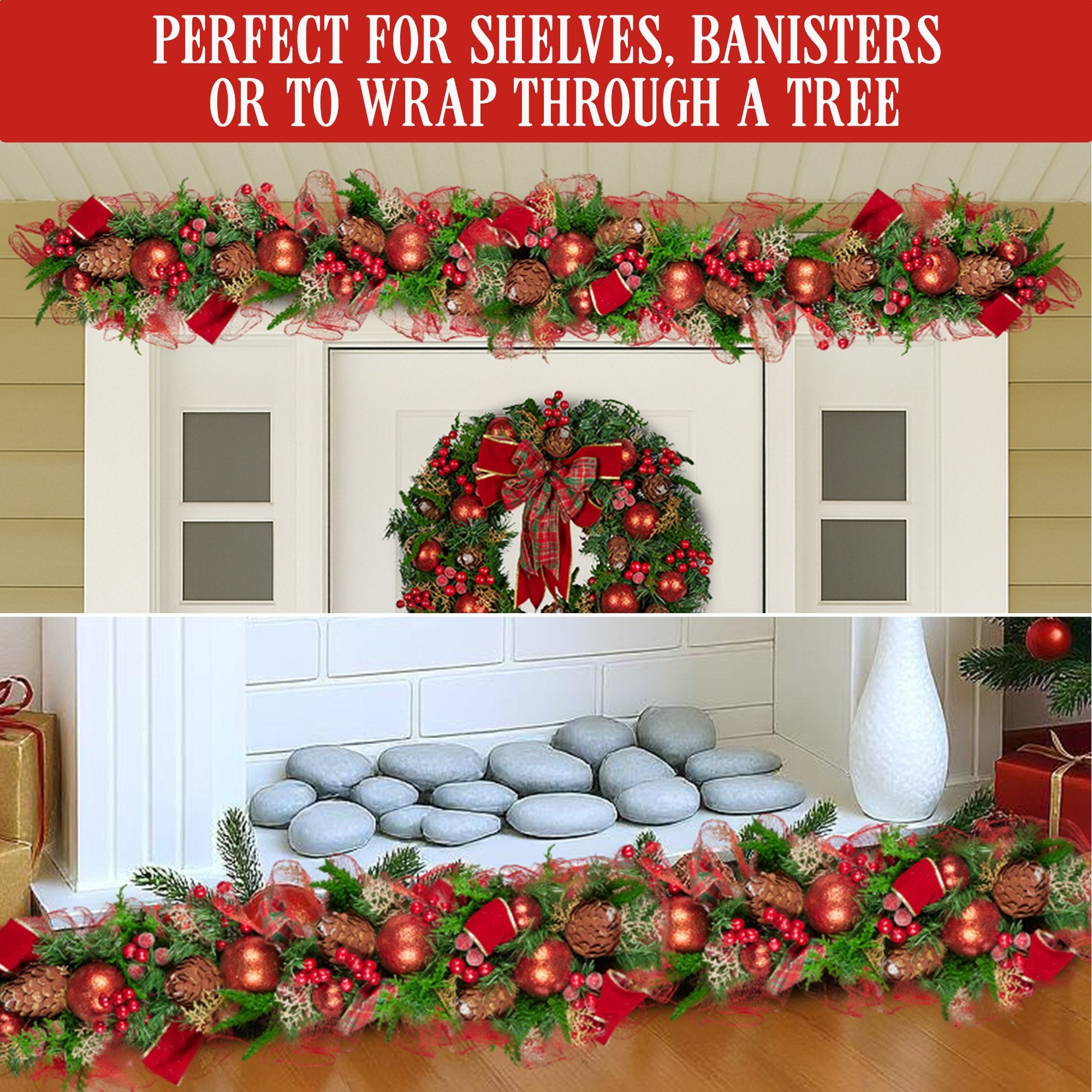 Christmas Wreaths & Garlands: Christabelle 1m Christmas Garland with Red Berries & Pine Cones Baubles Berries Tree Decoration Ornament Red Green