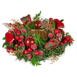 Christmas Decorations: Christabelle 26cm Christmas Centrepiece Lush Green Holiday Display w/Red Berries & Hurricane Candle Holder Pre-decorated for Dining Table Console