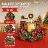 Christmas Decorations: Christabelle 26cm Christmas Centrepiece Lush Green Holiday Display w/Red Berries & Hurricane Candle Holder Pre-decorated for Dining Table Console