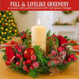 Christmas Decorations: Christabelle 26cm Christmas Centrepiece Lush Green Holiday Display w/Red Berries & Hurricane Candle Holder Pre-decorated for Dining Table Console