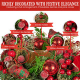 Christmas Decorations: Christabelle 26cm Christmas Centrepiece Lush Green Holiday Display w/Red Berries & Hurricane Candle Holder Pre-decorated for Dining Table Console