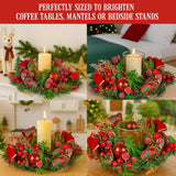 Christmas Decorations: Christabelle 26cm Christmas Centrepiece Lush Green Holiday Display w/Red Berries & Hurricane Candle Holder Pre-decorated for Dining Table Console