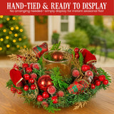 Christmas Decorations: Christabelle 26cm Christmas Centrepiece Lush Green Holiday Display w/Red Berries & Hurricane Candle Holder Pre-decorated for Dining Table Console