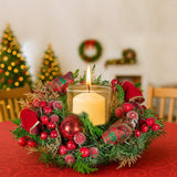 Christmas Decorations: Christabelle 26cm Christmas Centrepiece Lush Green Holiday Display w/Red Berries & Hurricane Candle Holder Pre-decorated for Dining Table Console