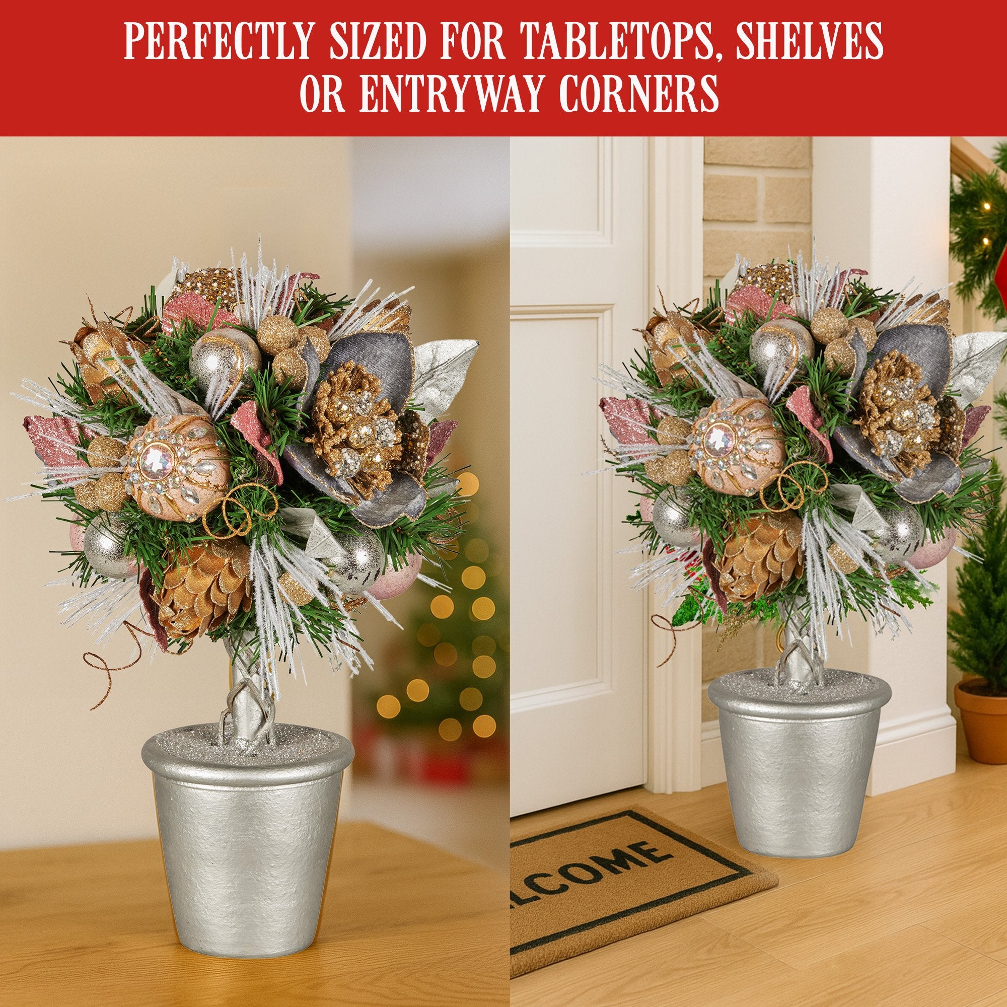 Christabelle 36cm Christmas Tabletop Topiary Tree Jewelled Baubles, Berries, Flowers and Pine Cones Festive Decoration