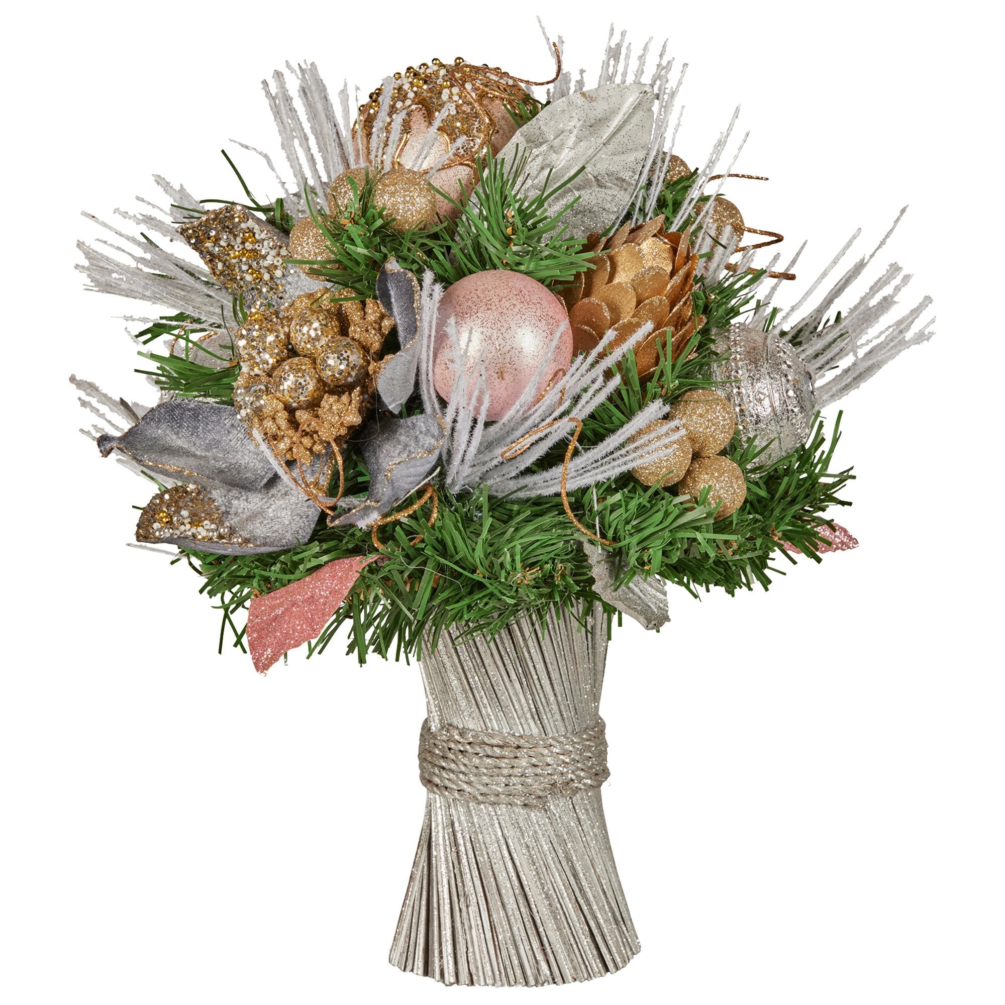Christmas Decorations: Christabelle 33cm Christmas Bouquet Pre Decorated Holiday Floral Arrangement w/Jewelled Baubles, Berries, Flowers & Pine