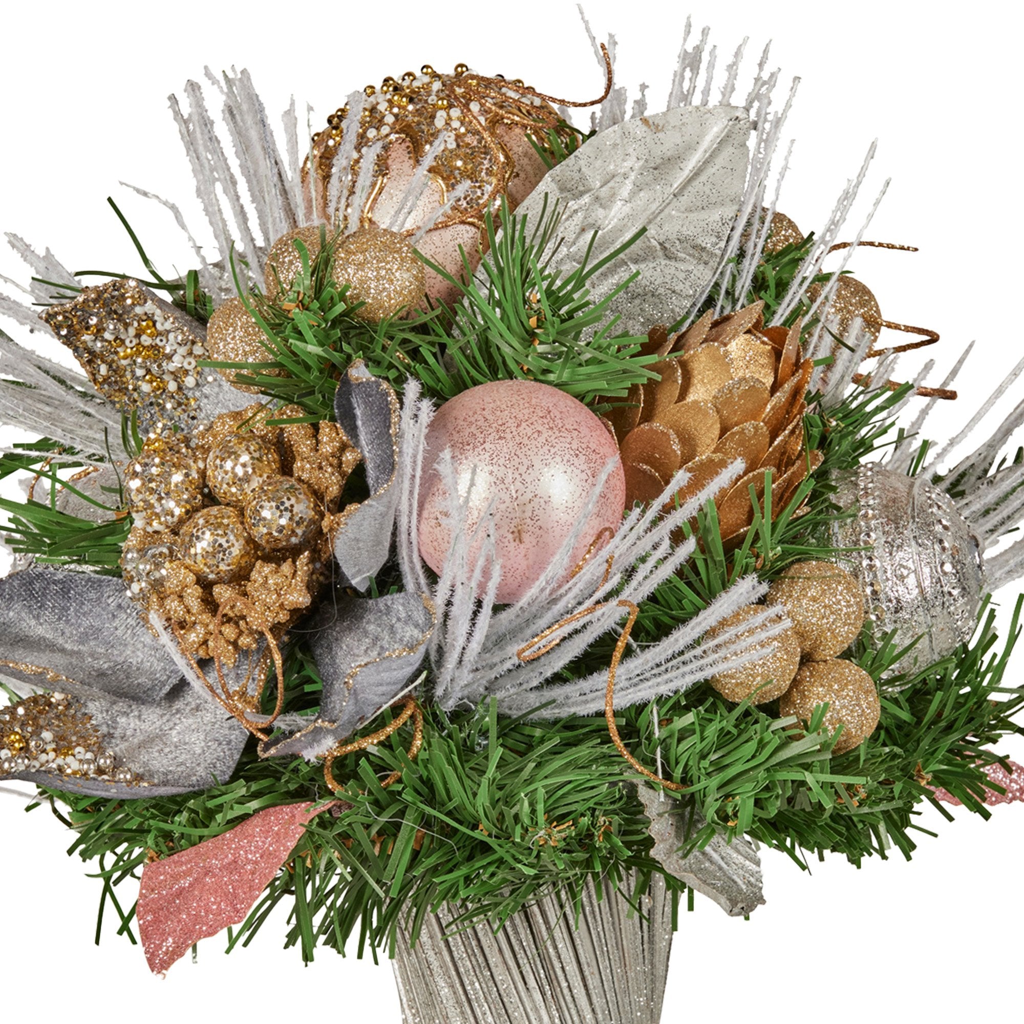 Christmas Decorations: Christabelle 33cm Christmas Bouquet Pre Decorated Holiday Floral Arrangement w/Jewelled Baubles, Berries, Flowers & Pine