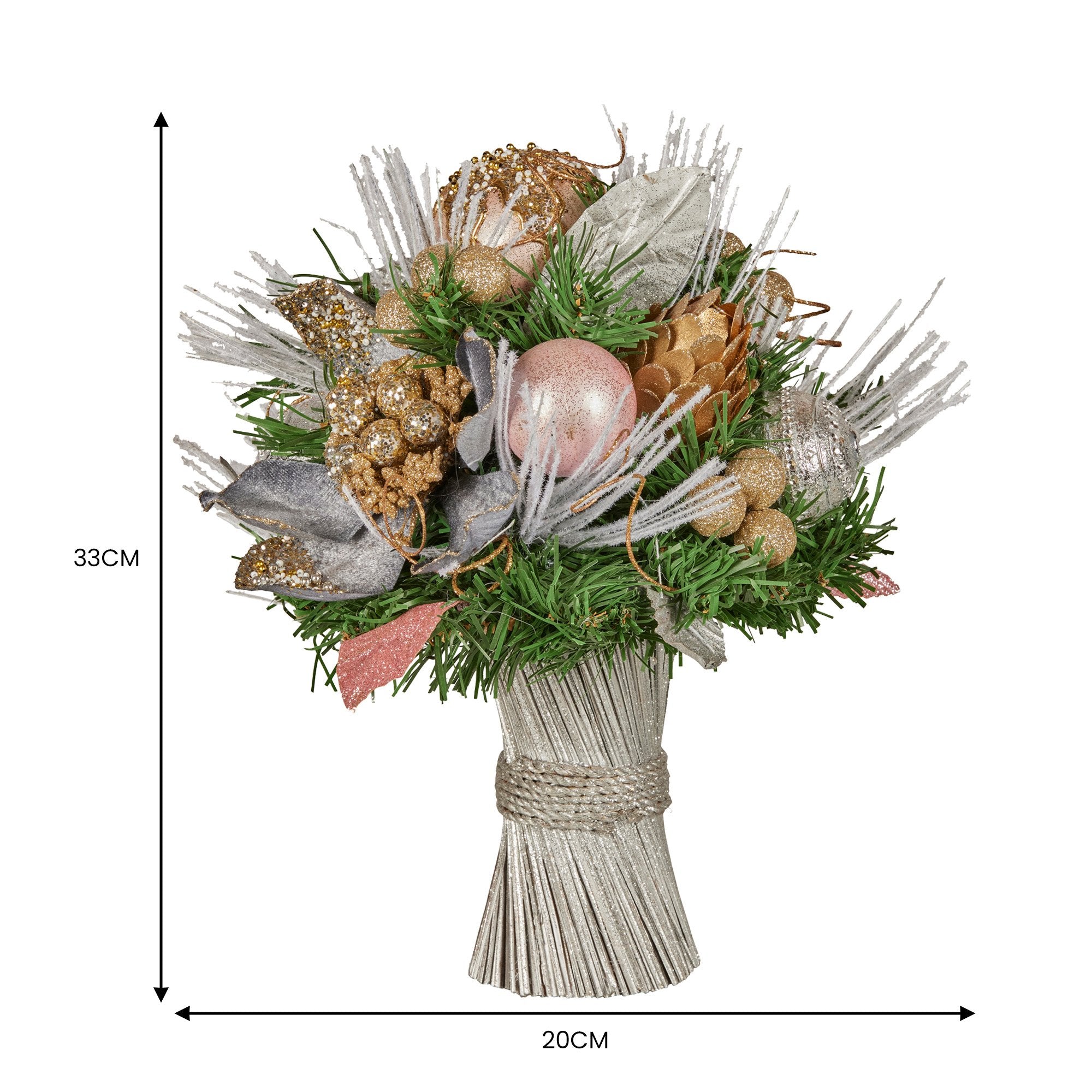 Christmas Decorations: Christabelle 33cm Christmas Bouquet Pre Decorated Holiday Floral Arrangement w/Jewelled Baubles, Berries, Flowers & Pine