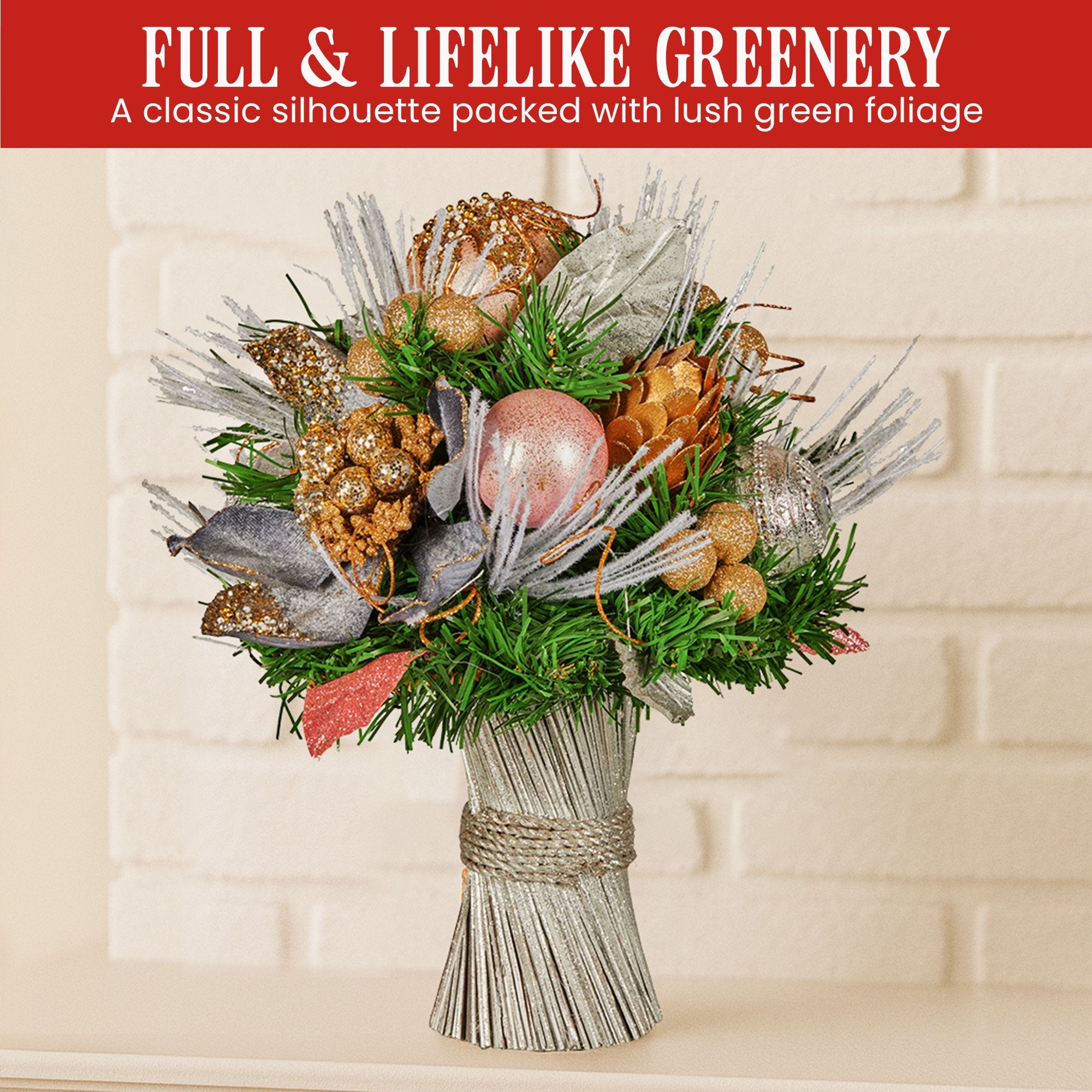 Christmas Decorations: Christabelle 33cm Christmas Bouquet Pre Decorated Holiday Floral Arrangement w/Jewelled Baubles, Berries, Flowers & Pine