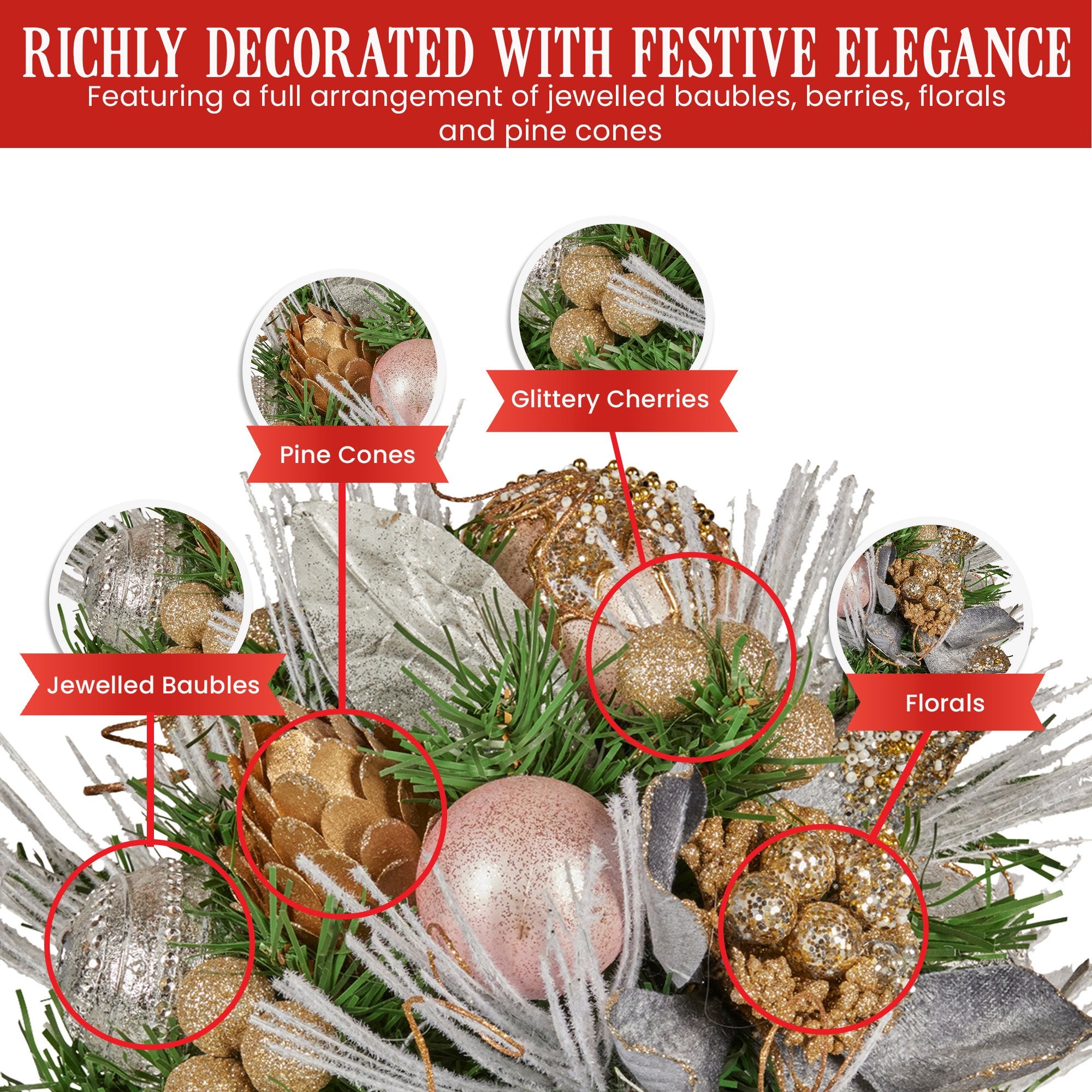 Christmas Decorations: Christabelle 33cm Christmas Bouquet Pre Decorated Holiday Floral Arrangement w/Jewelled Baubles, Berries, Flowers & Pine