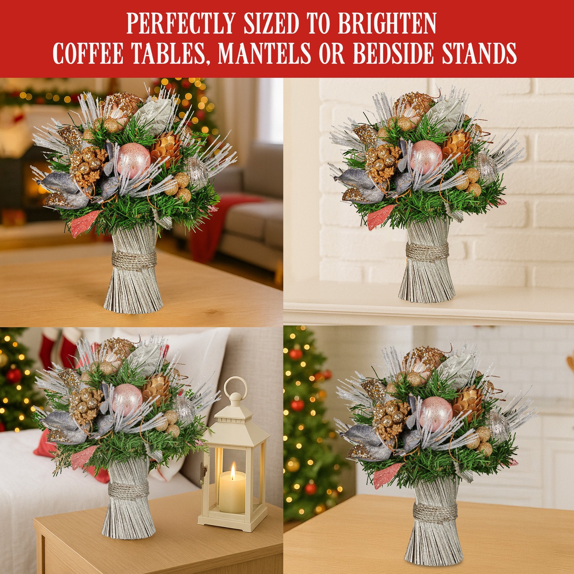 Christmas Decorations: Christabelle 33cm Christmas Bouquet Pre Decorated Holiday Floral Arrangement w/Jewelled Baubles, Berries, Flowers & Pine