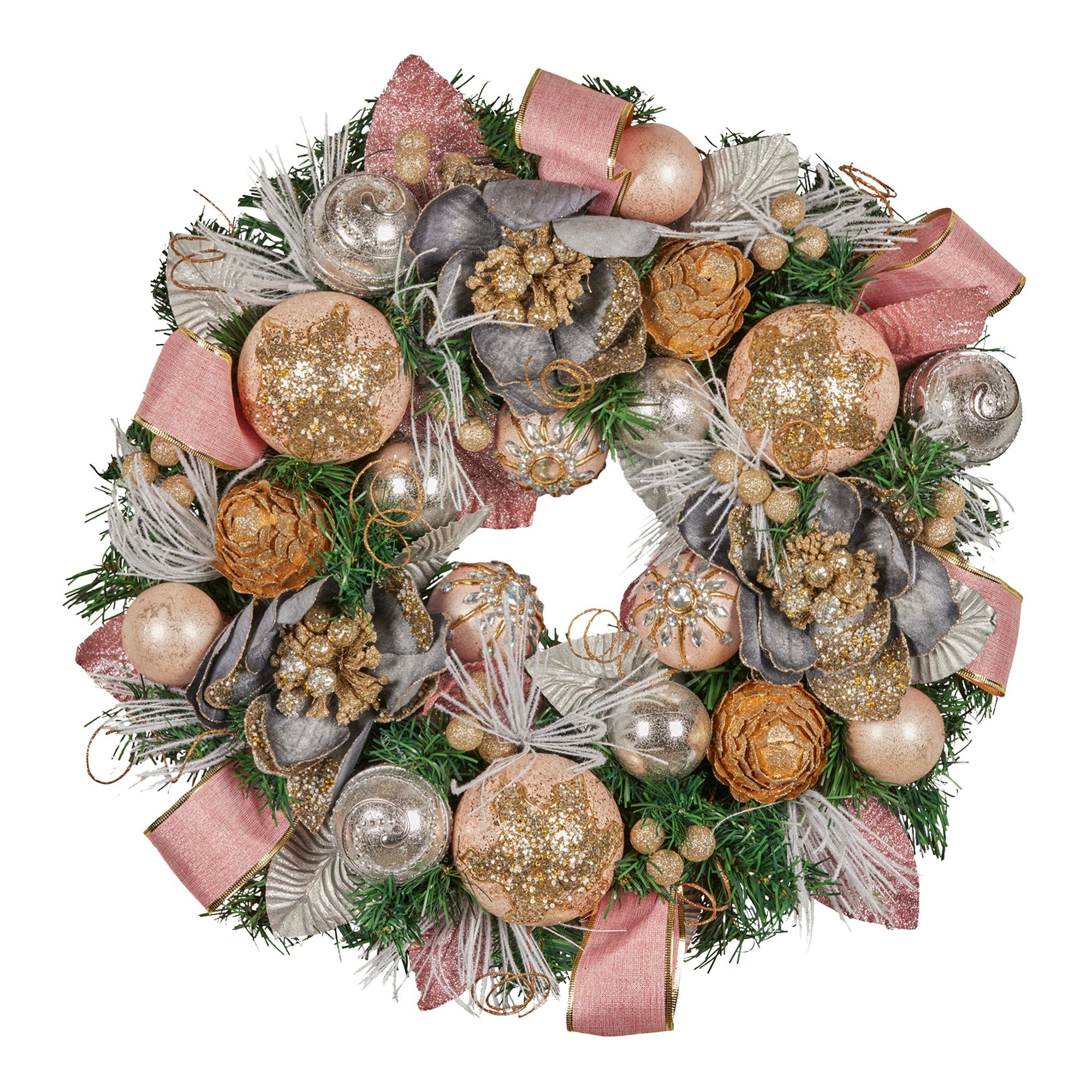 Christmas Wreaths & Garlands: Christabelle 56cm Christmas Wreath Lush Pink Front Door Decoration Jewelled Baubles Flowers Pine Cones Ribbons Ornaments
