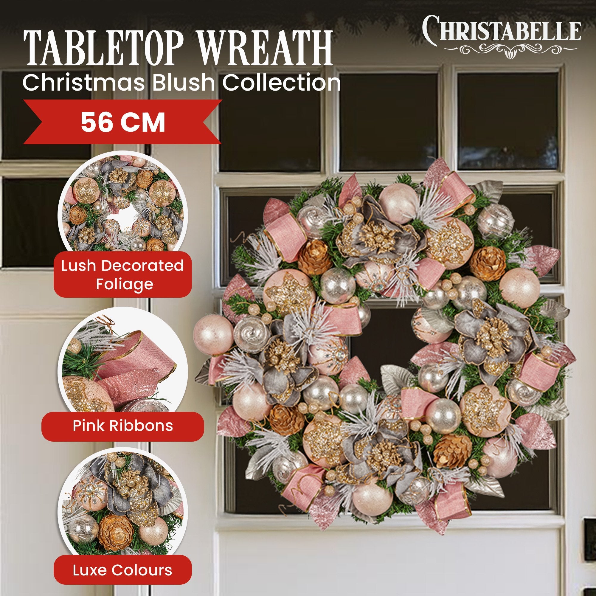 Christmas Wreaths & Garlands: Christabelle 56cm Christmas Wreath Lush Pink Front Door Decoration Jewelled Baubles Flowers Pine Cones Ribbons Ornaments