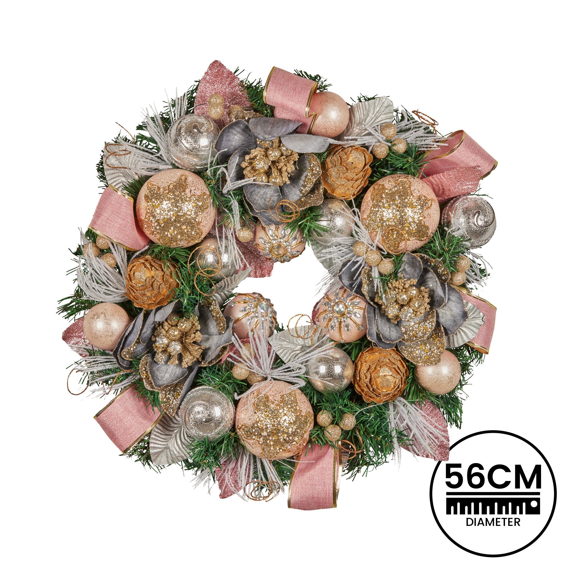 Christmas Wreaths & Garlands: Christabelle 56cm Christmas Wreath Lush Pink Front Door Decoration Jewelled Baubles Flowers Pine Cones Ribbons Ornaments