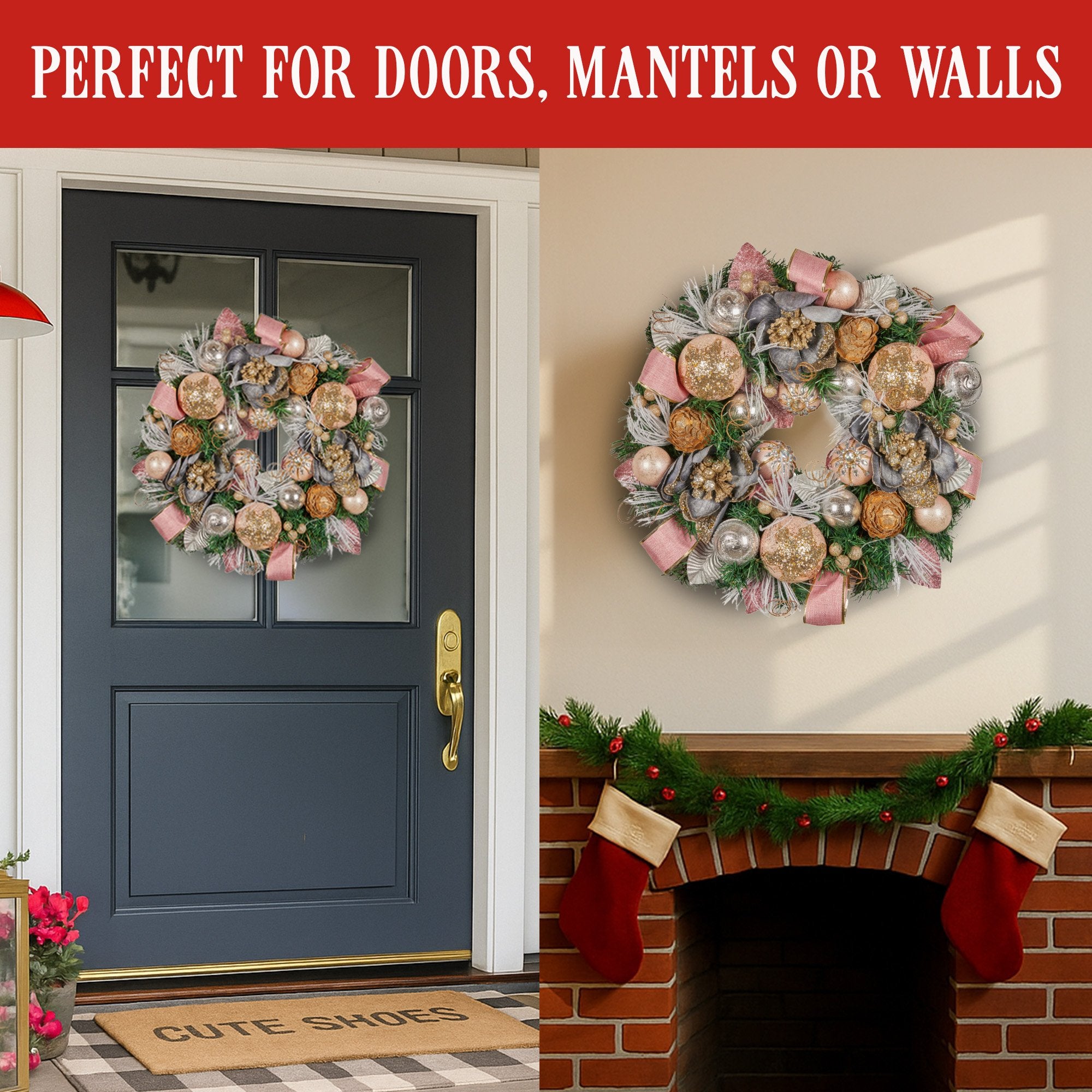Christmas Wreaths & Garlands: Christabelle 56cm Christmas Wreath Lush Pink Front Door Decoration Jewelled Baubles Flowers Pine Cones Ribbons Ornaments