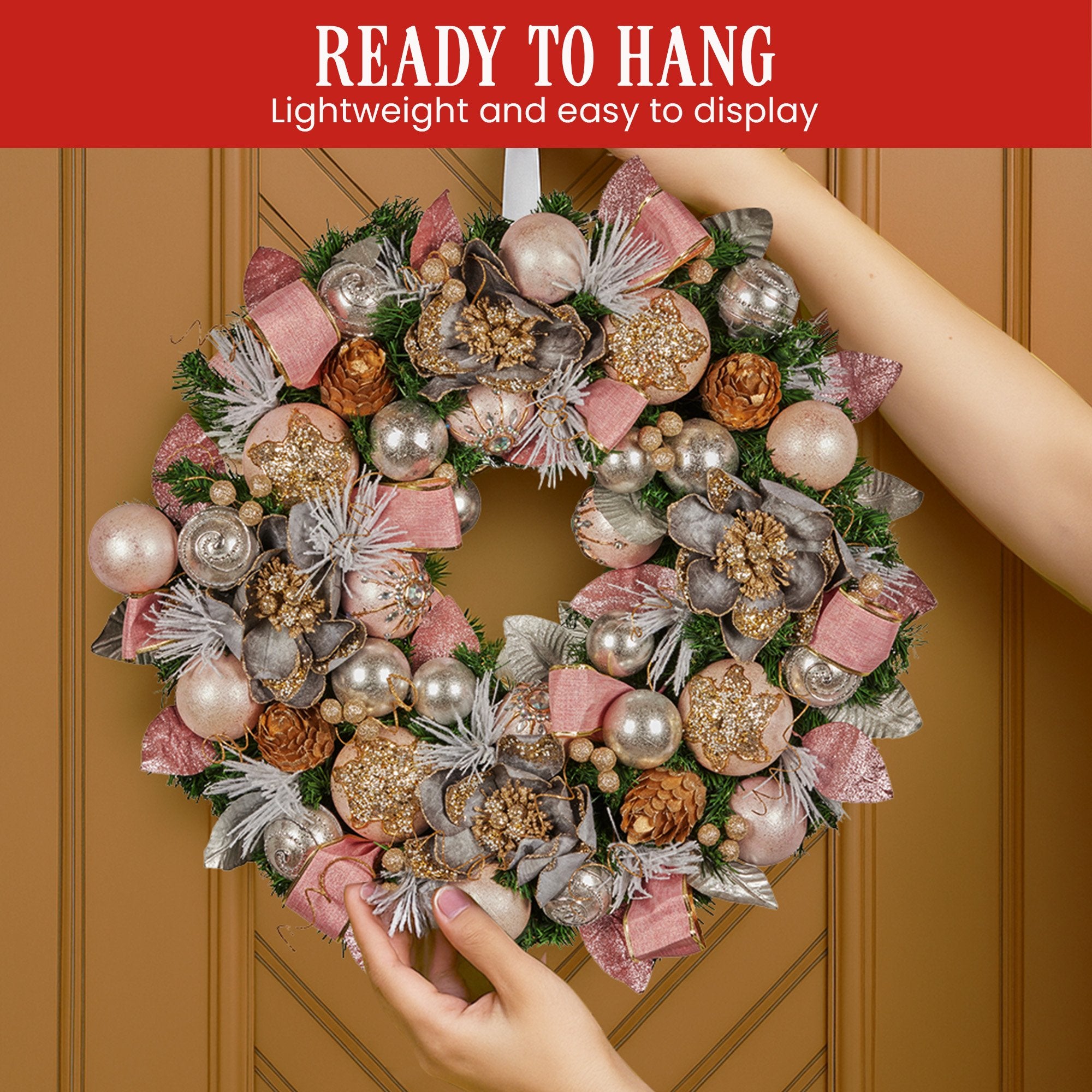 Christmas Wreaths & Garlands: Christabelle 56cm Christmas Wreath Lush Pink Front Door Decoration Jewelled Baubles Flowers Pine Cones Ribbons Ornaments