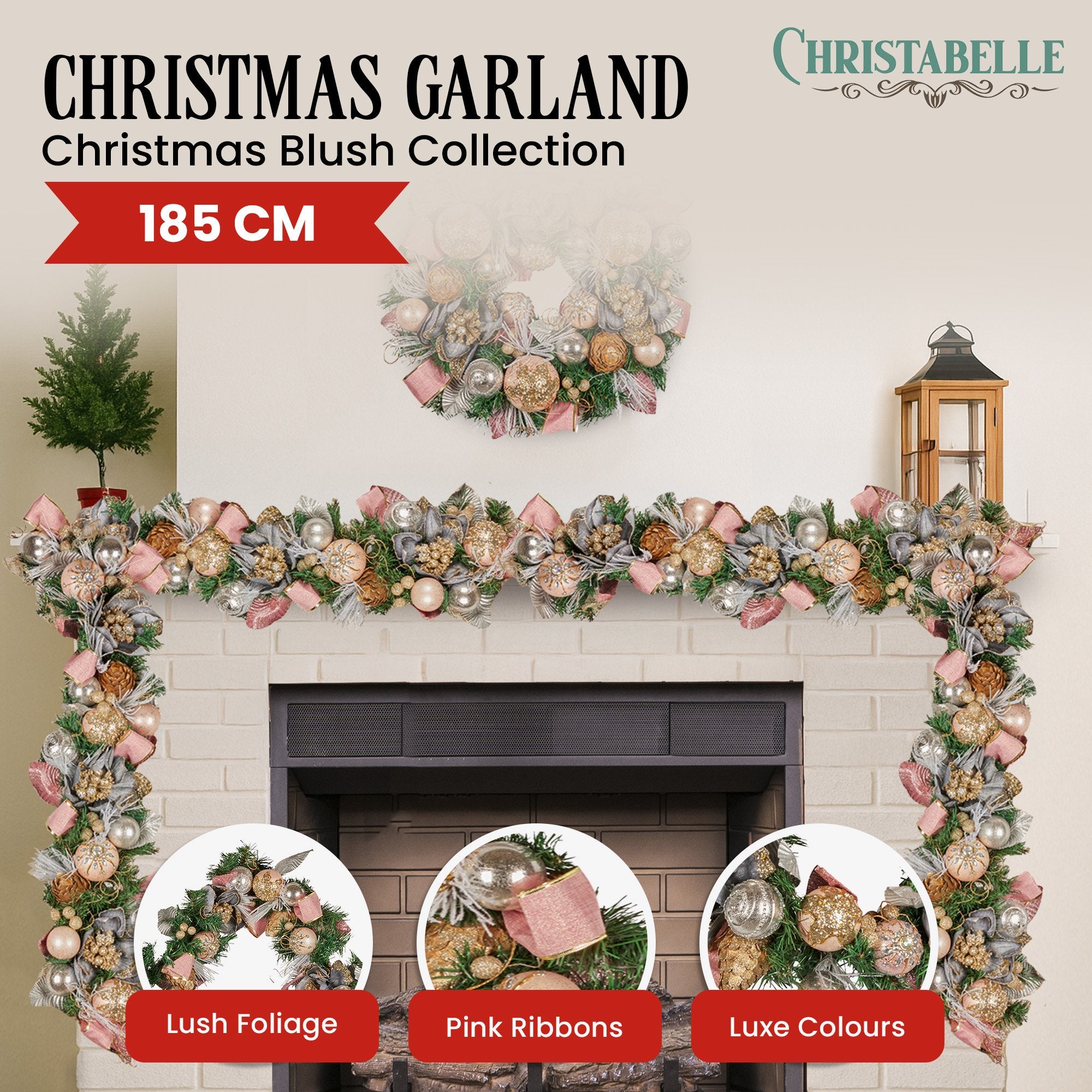 Christmas Wreaths & Garlands: Christabelle Premium 1.8m Christmas Garland Jewelled Baubles & Berries Tree Decoration Ornament Pink Silver Gold