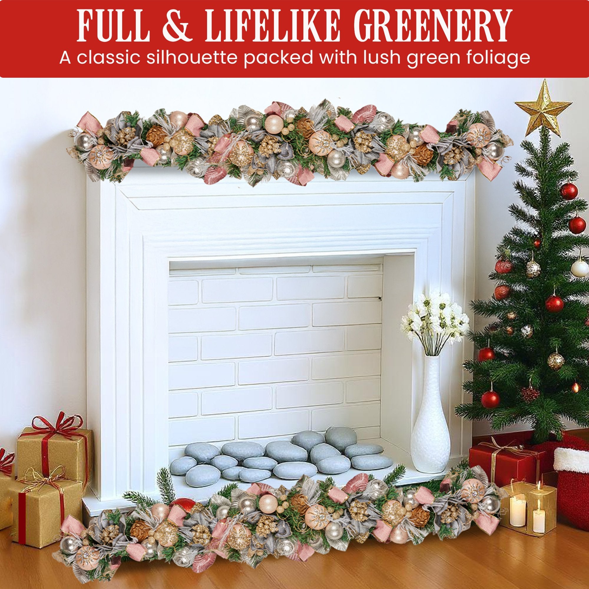Christmas Wreaths & Garlands: Christabelle Premium 1.8m Christmas Garland Jewelled Baubles & Berries Tree Decoration Ornament Pink Silver Gold
