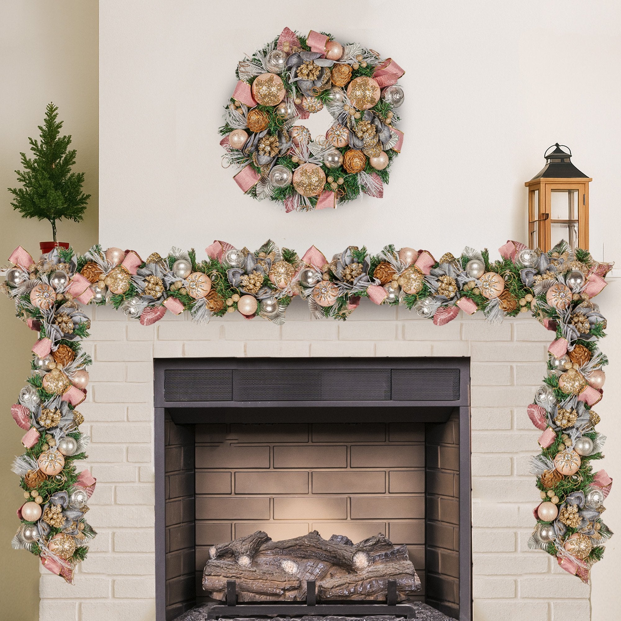 Christmas Wreaths & Garlands: Christabelle Premium 1.8m Christmas Garland Jewelled Baubles & Berries Tree Decoration Ornament Pink Silver Gold