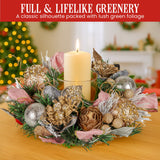 Christmas Decorations: Christabelle 26cm Christmas Centrepiece Lush Green Holiday w/Jewelled Baubles, Foliage, Flowers, Pine Cones, Ribbon
