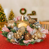 Christmas Decorations: Christabelle 26cm Christmas Centrepiece Lush Green Holiday w/Jewelled Baubles, Foliage, Flowers, Pine Cones, Ribbon