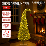 Christmas Trees: Christabelle 4ft Christmas Gremlin Tree Curved Top Red Bauble Built In Green & White LED Lights Foot Pedal Control