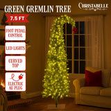 Christmas Trees: Christabelle 7.5ft Christmas Gremlin Tree Curved Top Red Bauble Built-in Green White LED Lights Control Base & Cord