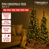 Christmas Trees: Christabelle Set of 3 Pre-Lit Christmas Trees Green Pine w/LED Lights, Hessian Base & Individual Plugs Varying Heights
