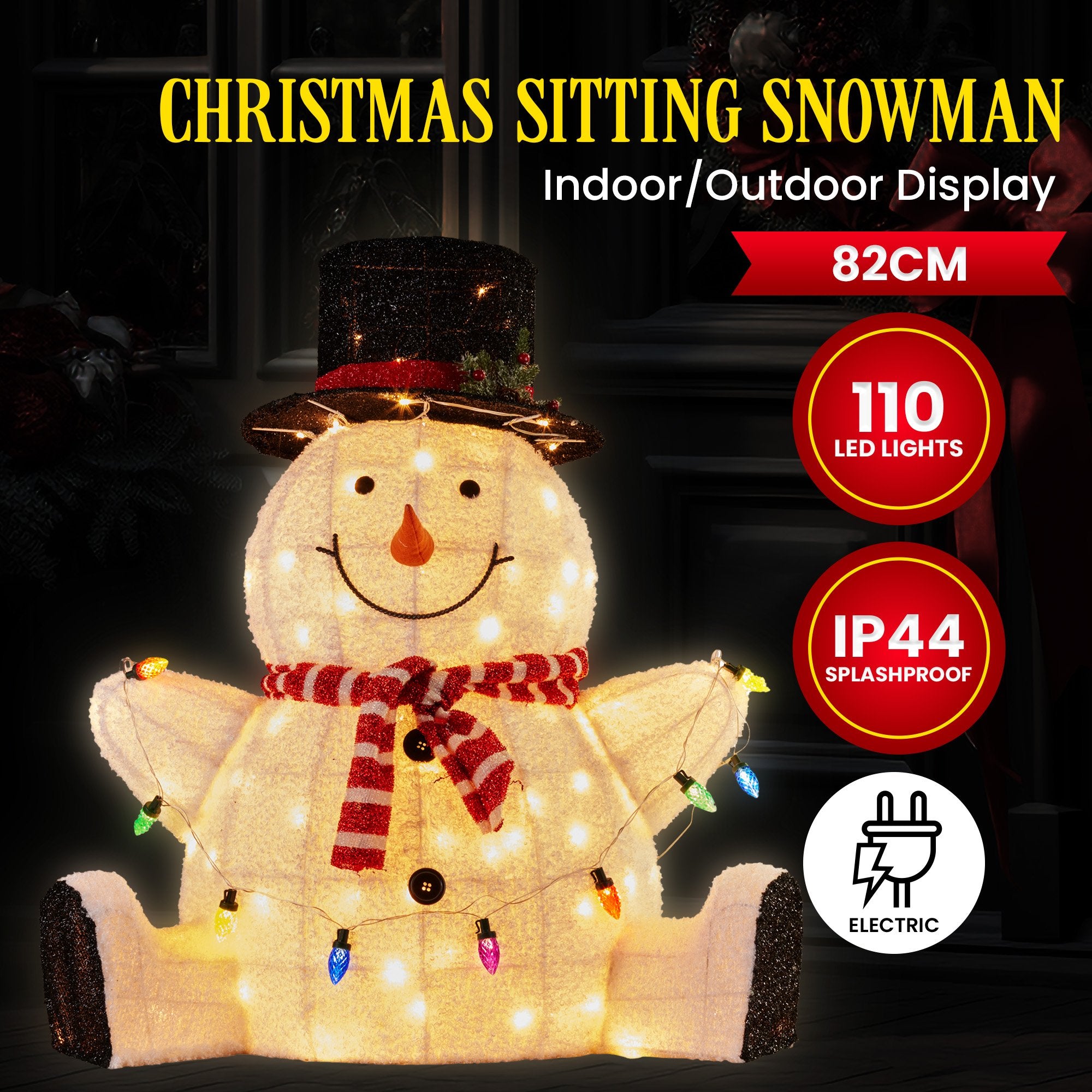 Christmas Trees: Christabelle 82cm Sitting Snowman Christmas Display with Lights