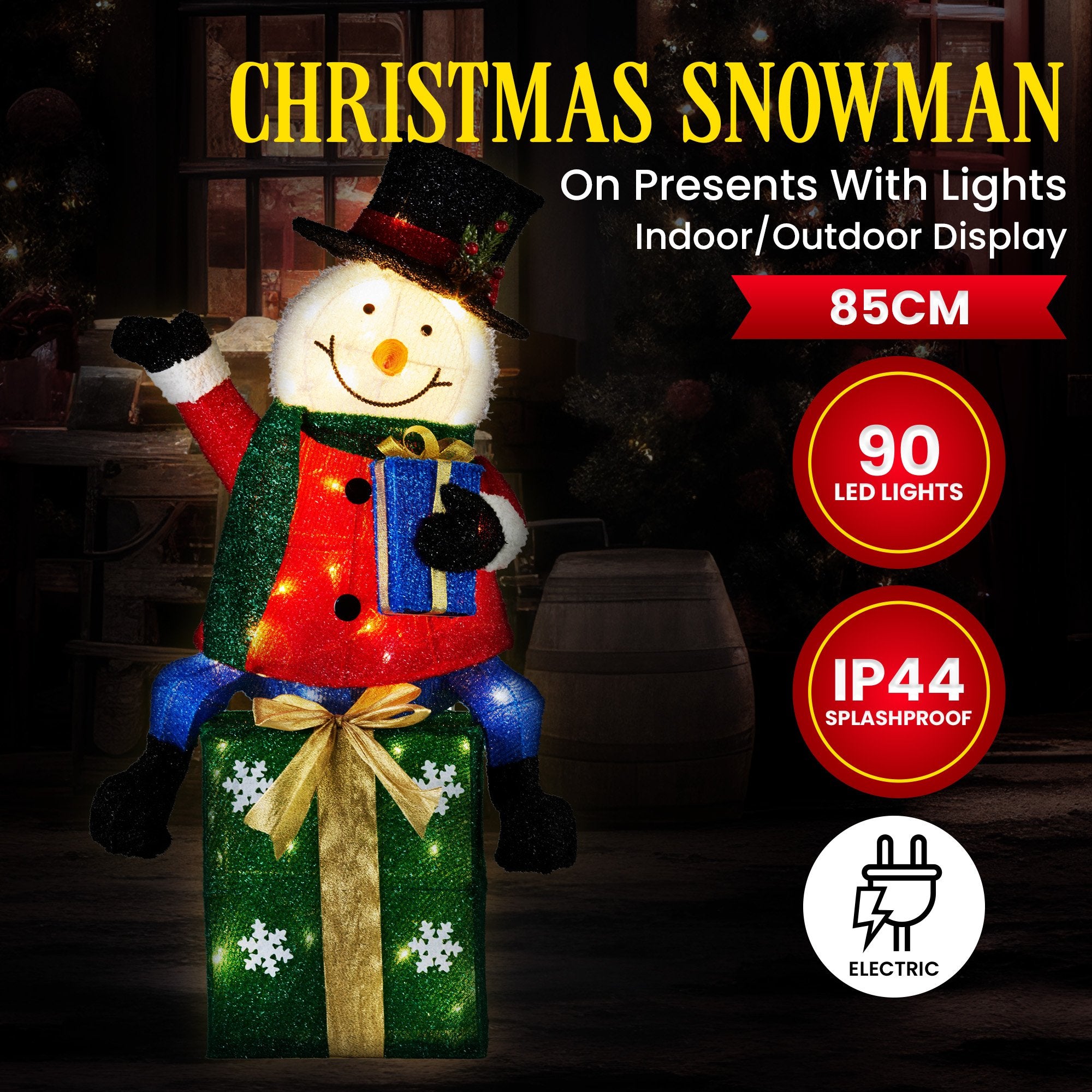 Christmas Trees: Christabelle 85cm Christmas Snowman On Presents Display with Lights