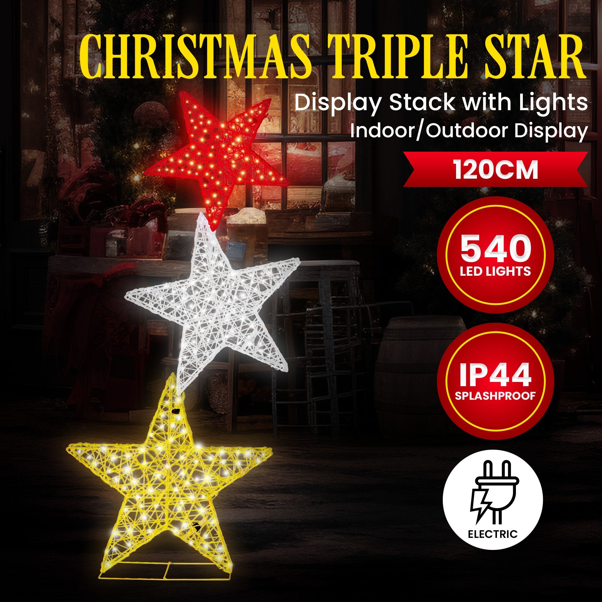 Christmas Trees: Christabelle 120cm Triple Star Christmas Display with Lights