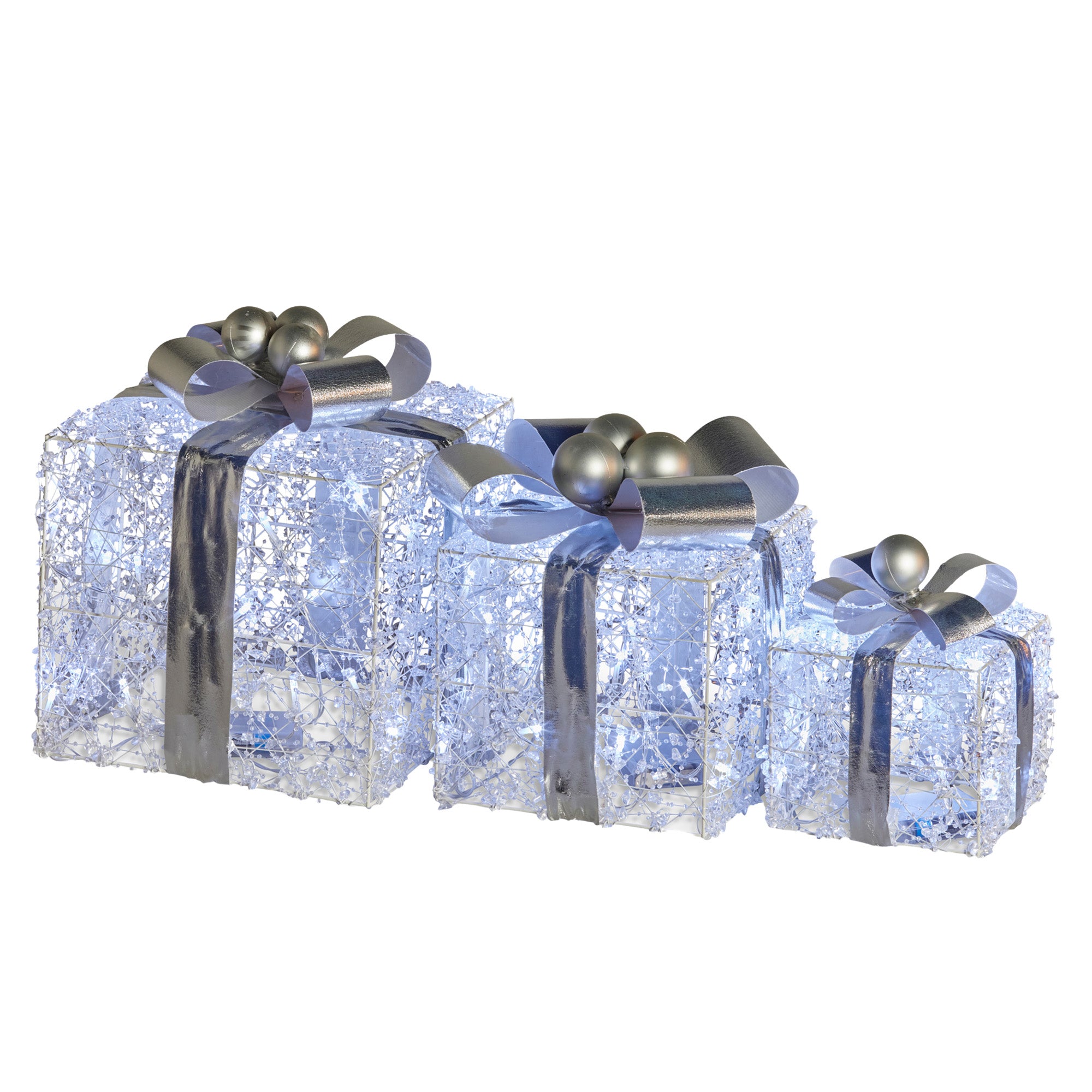 Christmas Decorations: Christabelle Swishmas Set Of 3 Christmas Gift Boxes With Lights With Jewelled Wire And Silver Bows