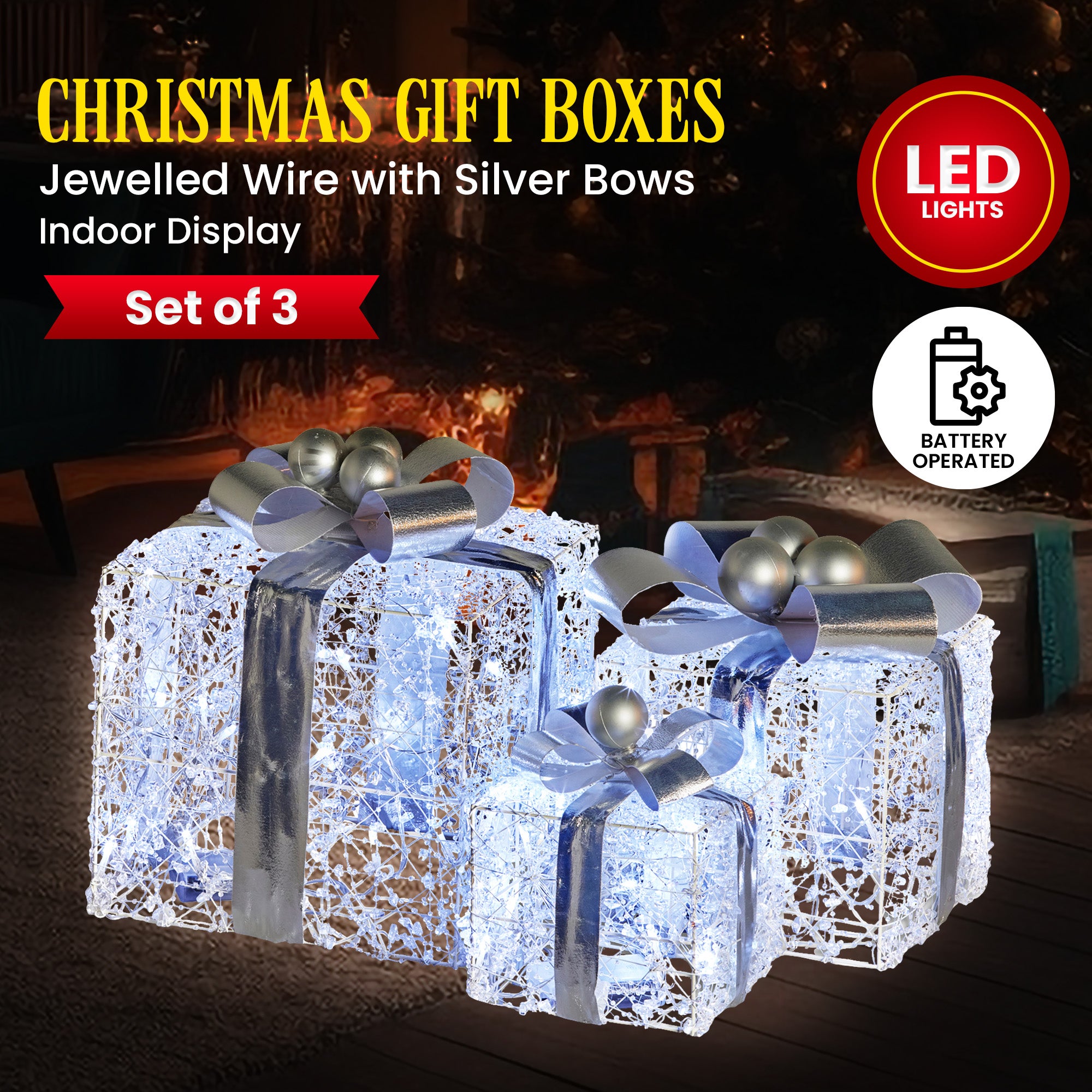 Christmas Decorations: Christabelle Swishmas Set Of 3 Christmas Gift Boxes With Lights With Jewelled Wire And Silver Bows
