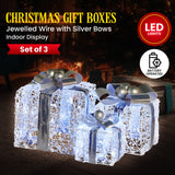 Christmas Decorations: Christabelle Swishmas Set Of 3 Christmas Gift Boxes With Lights With Jewelled Wire And Silver Bows