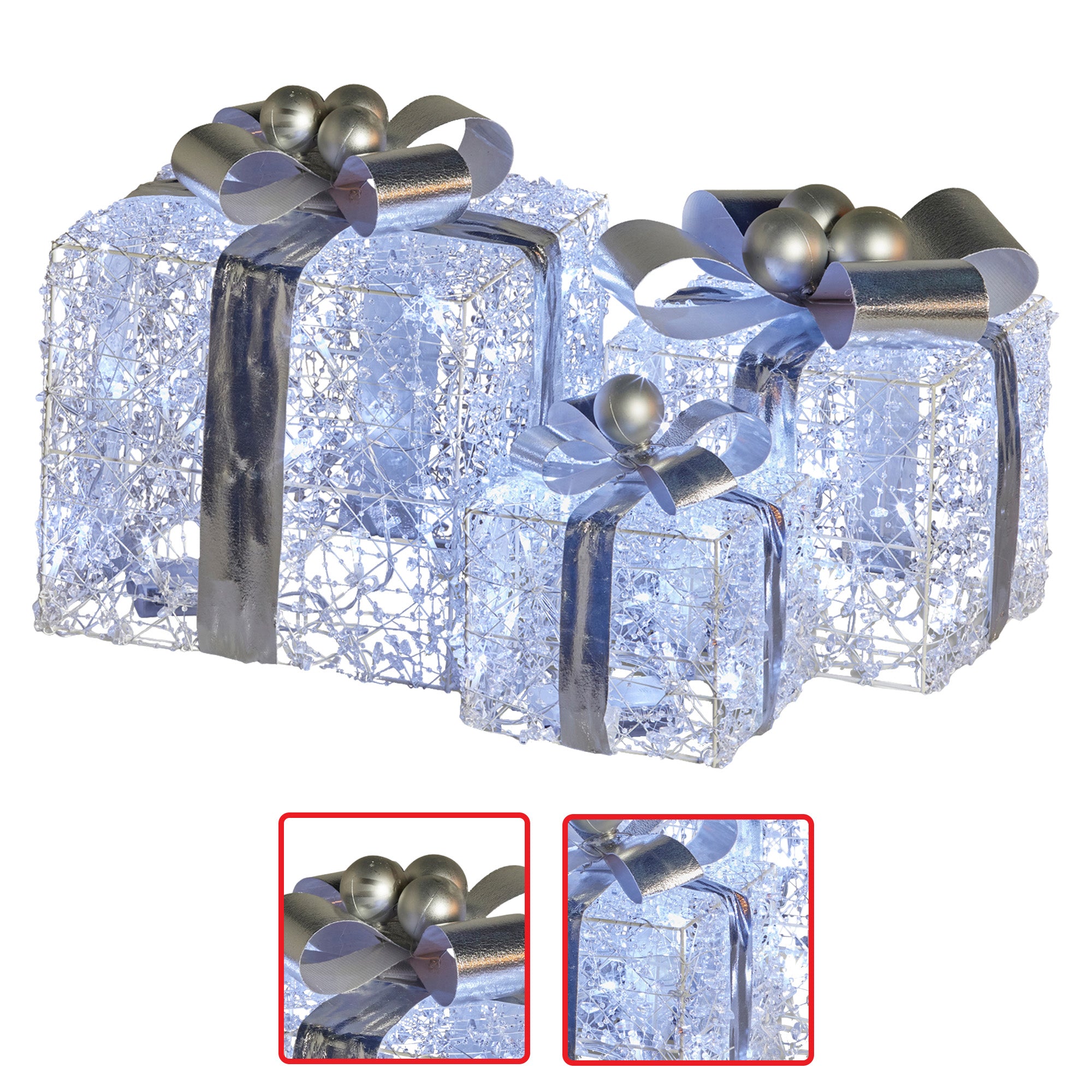 Christmas Decorations: Christabelle Swishmas Set Of 3 Christmas Gift Boxes With Lights With Jewelled Wire And Silver Bows